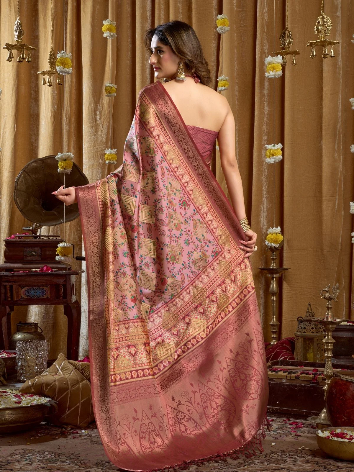 Odette Multicolour Silk Blend Printed Banarasi Saree For Women - Image 4