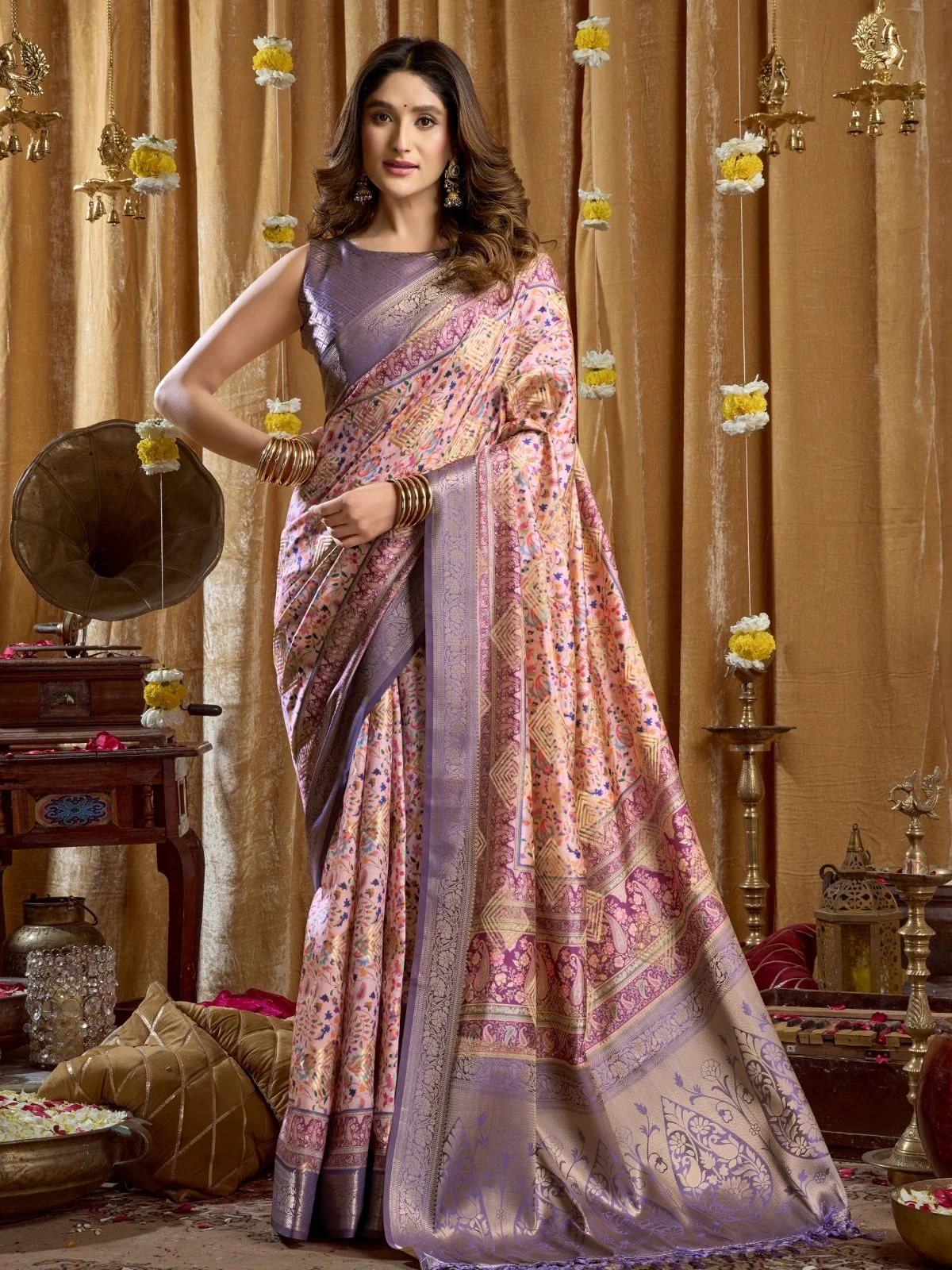 Odette Multicolour Silk Blend Printed Banarasi Saree For Women