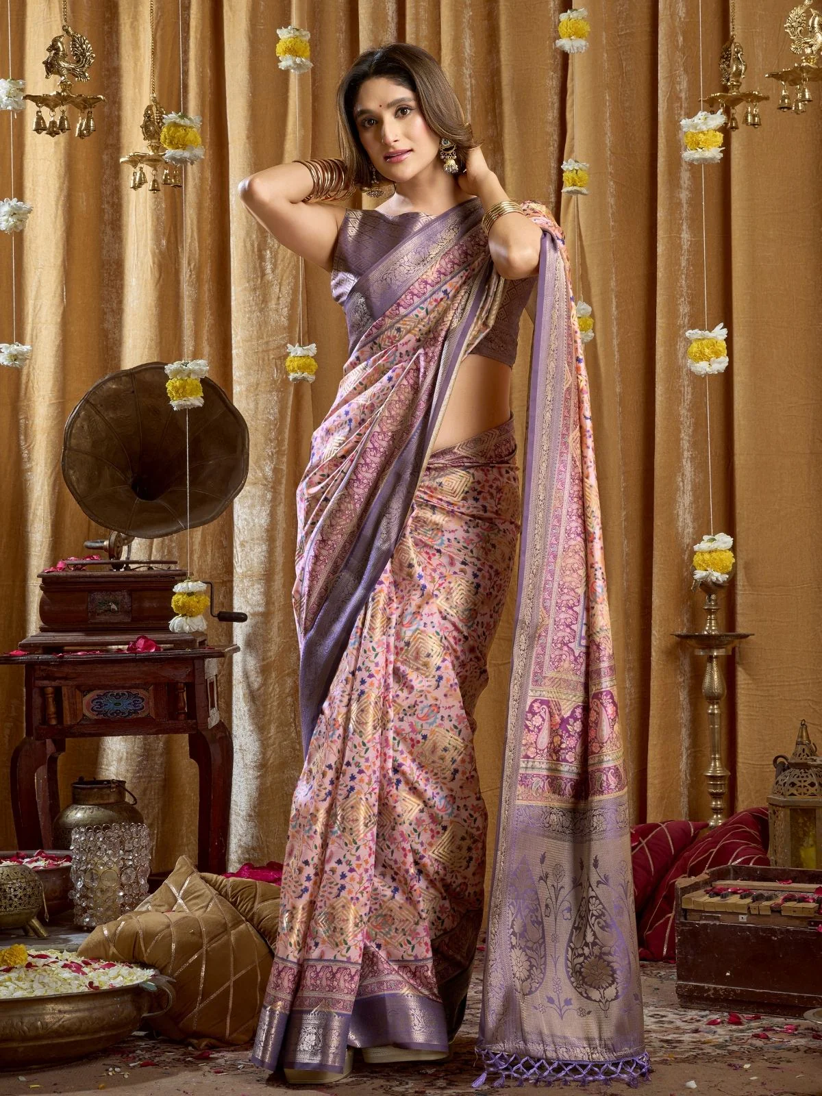 Odette Multicolour Silk Blend Printed Banarasi Saree For Women - Image 2