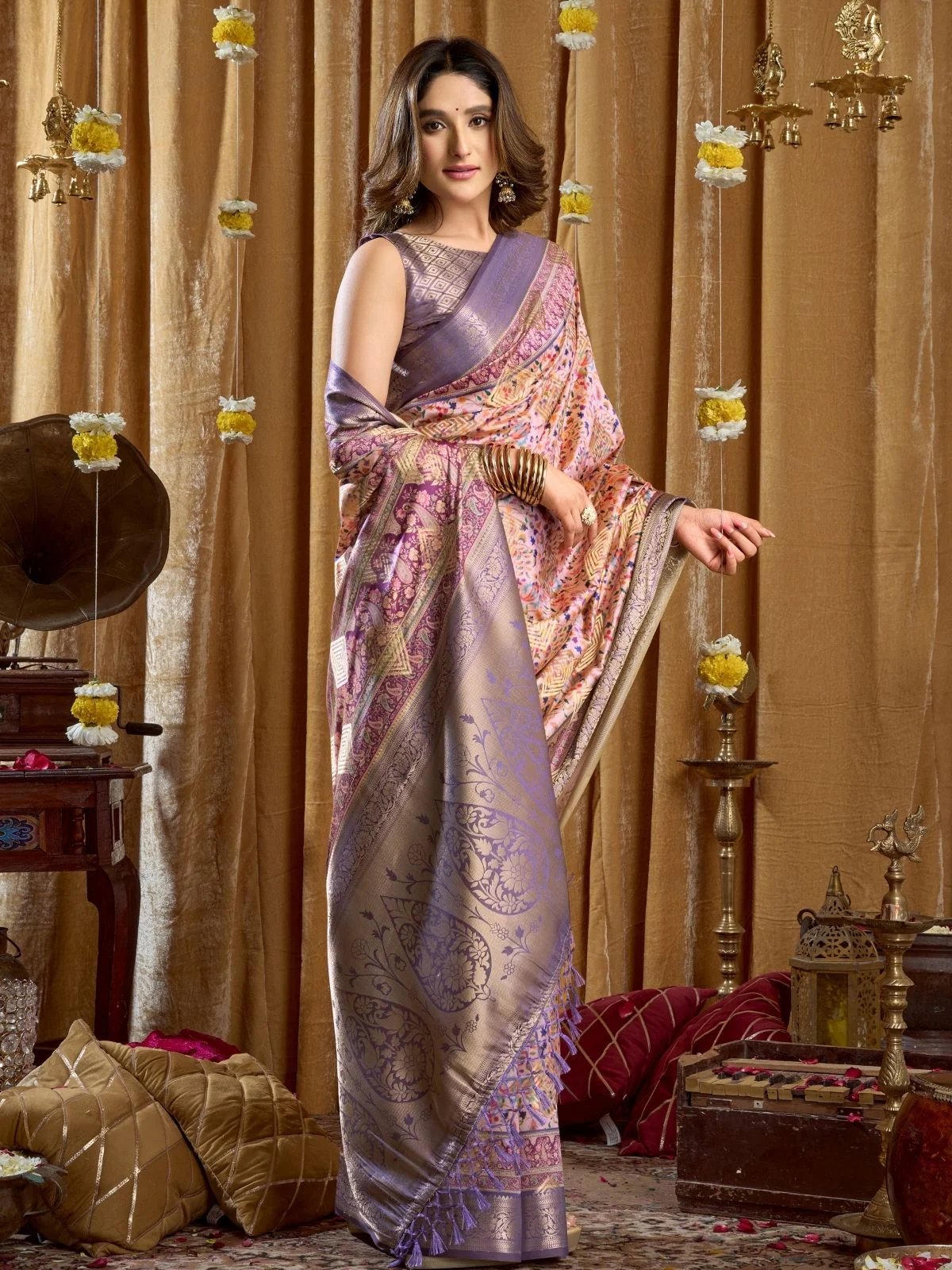 Odette Multicolour Silk Blend Printed Banarasi Saree For Women - Image 3