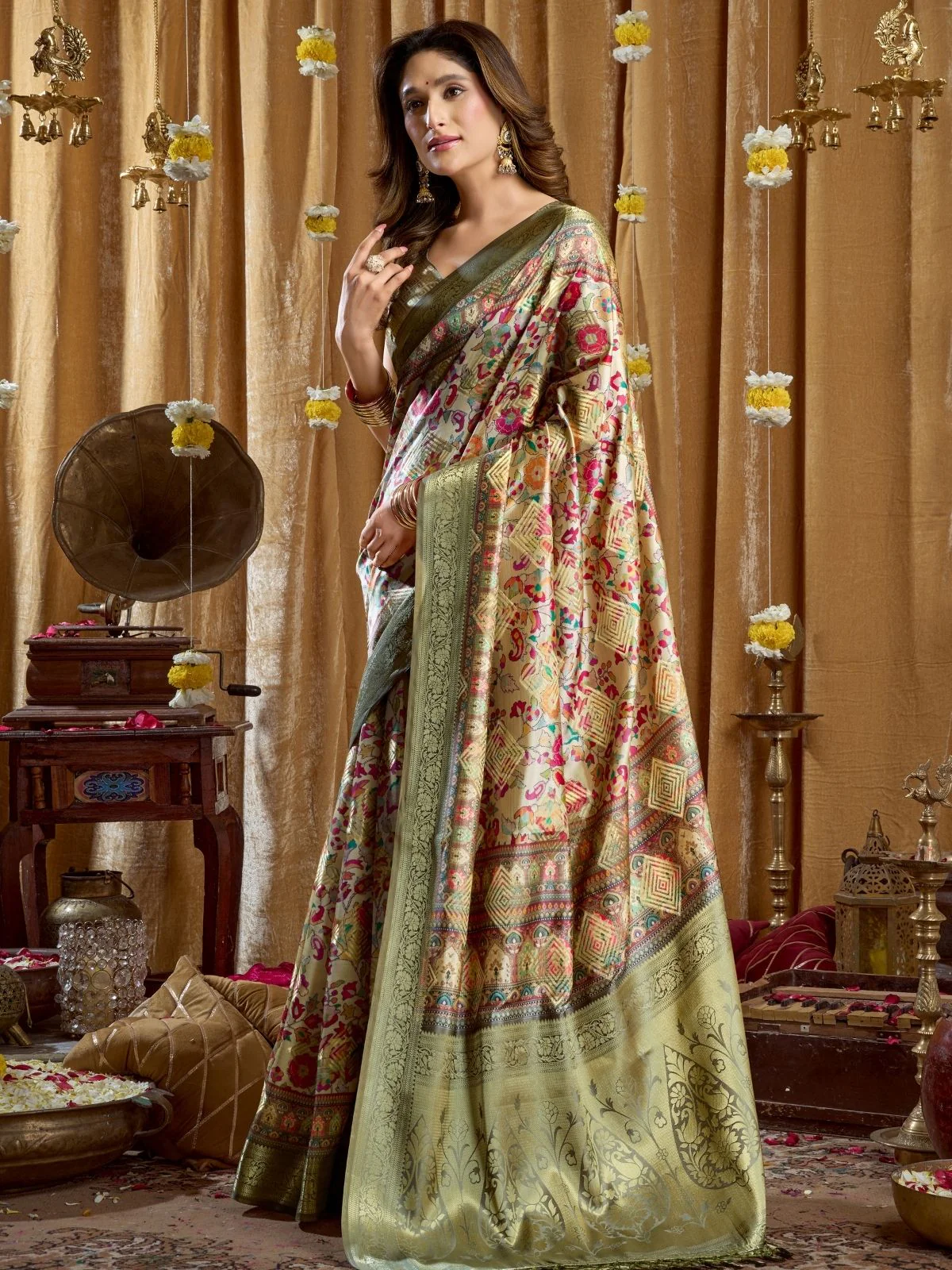 Odette Multicolour Silk Blend Printed Banarasi Saree For Women - Image 2