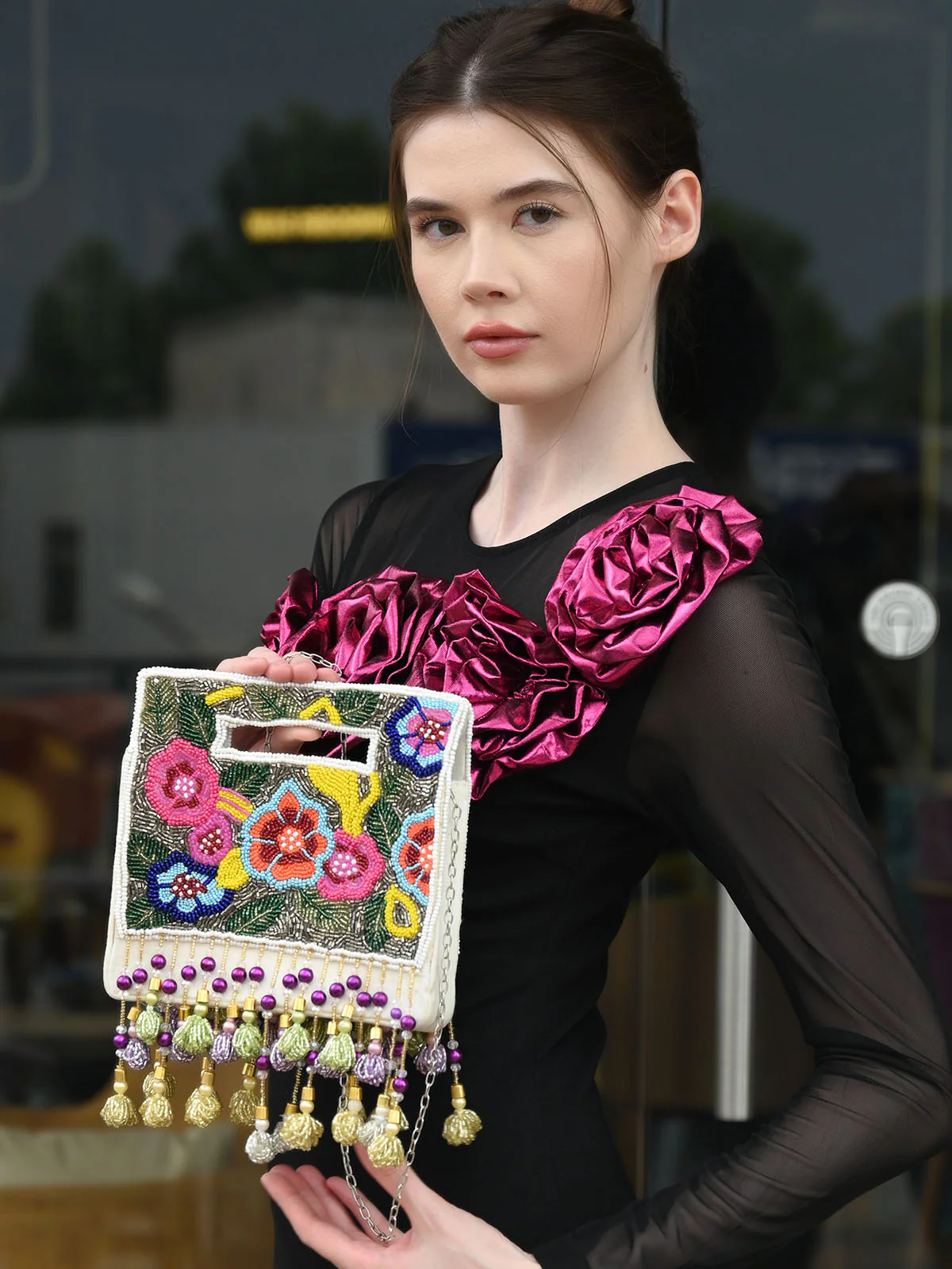 Odette Multicolour Suede Embellished Clutch For Women