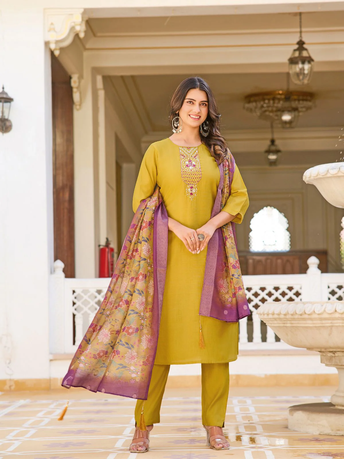 Odette Mustard Rayon Embroidered Stitched Kurta Set For Women