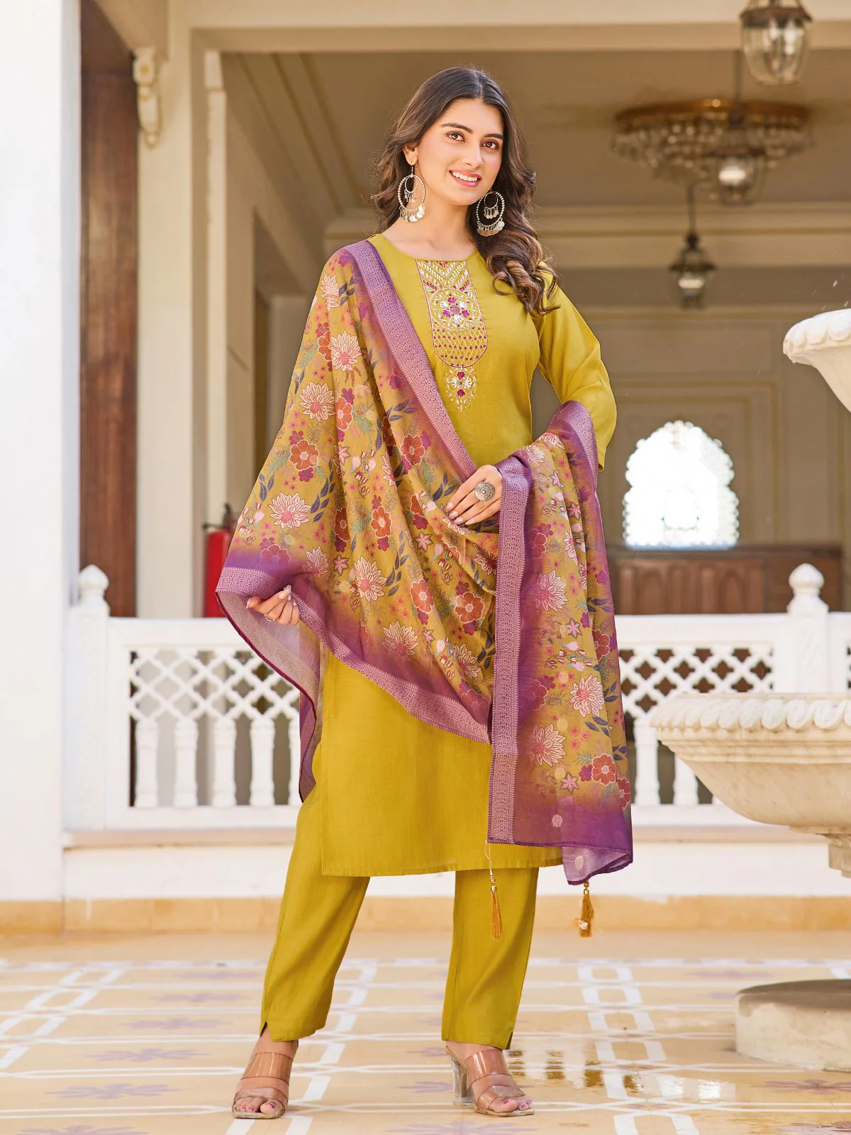 Odette Mustard Rayon Embroidered Stitched Kurta Set For Women - Image 2