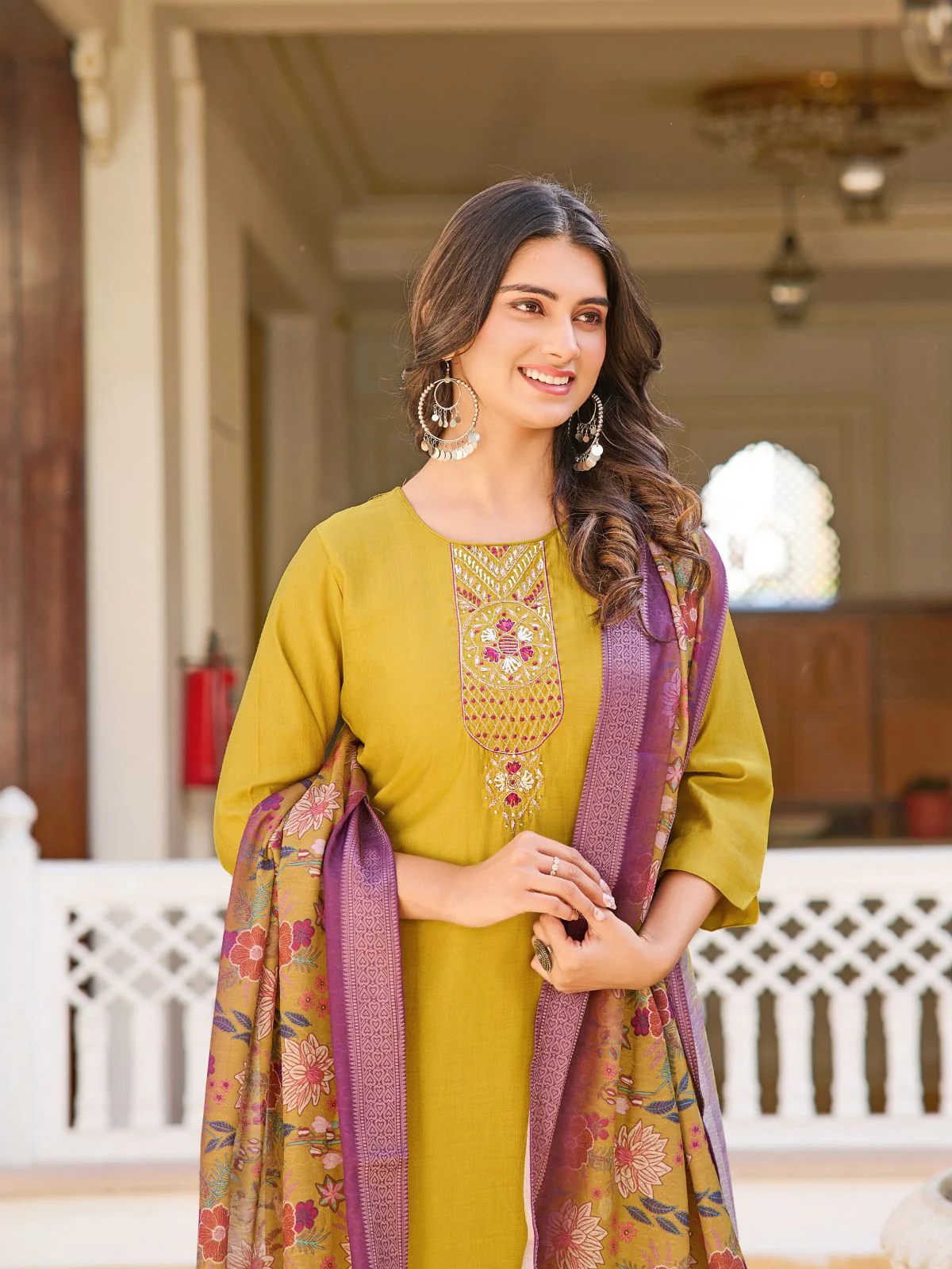 Odette Mustard Rayon Embroidered Stitched Kurta Set For Women - Image 3