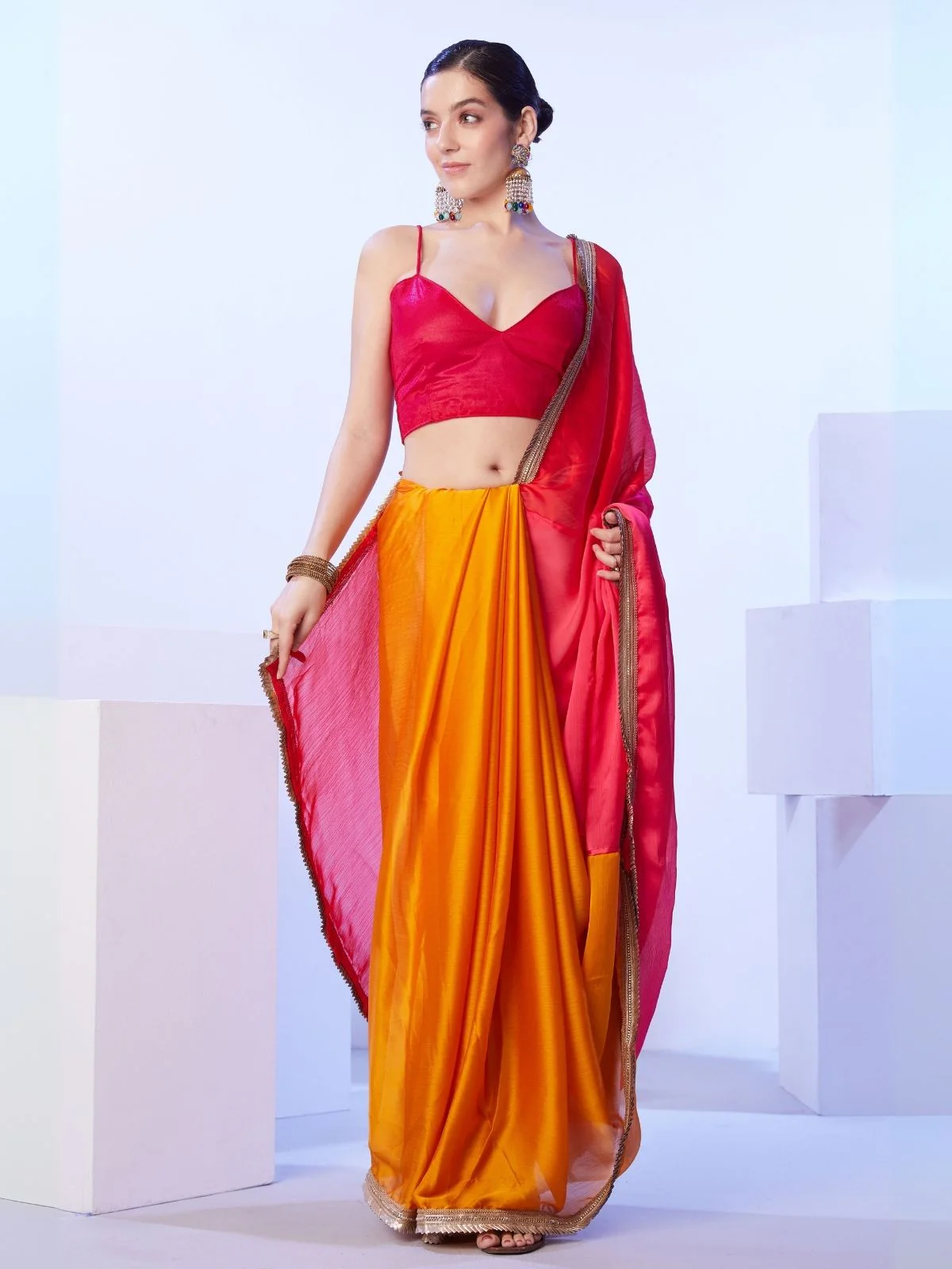 Odette Mustard And Pink Satin Lace Work Saree With Unstitched Blouse For Women - Image 2