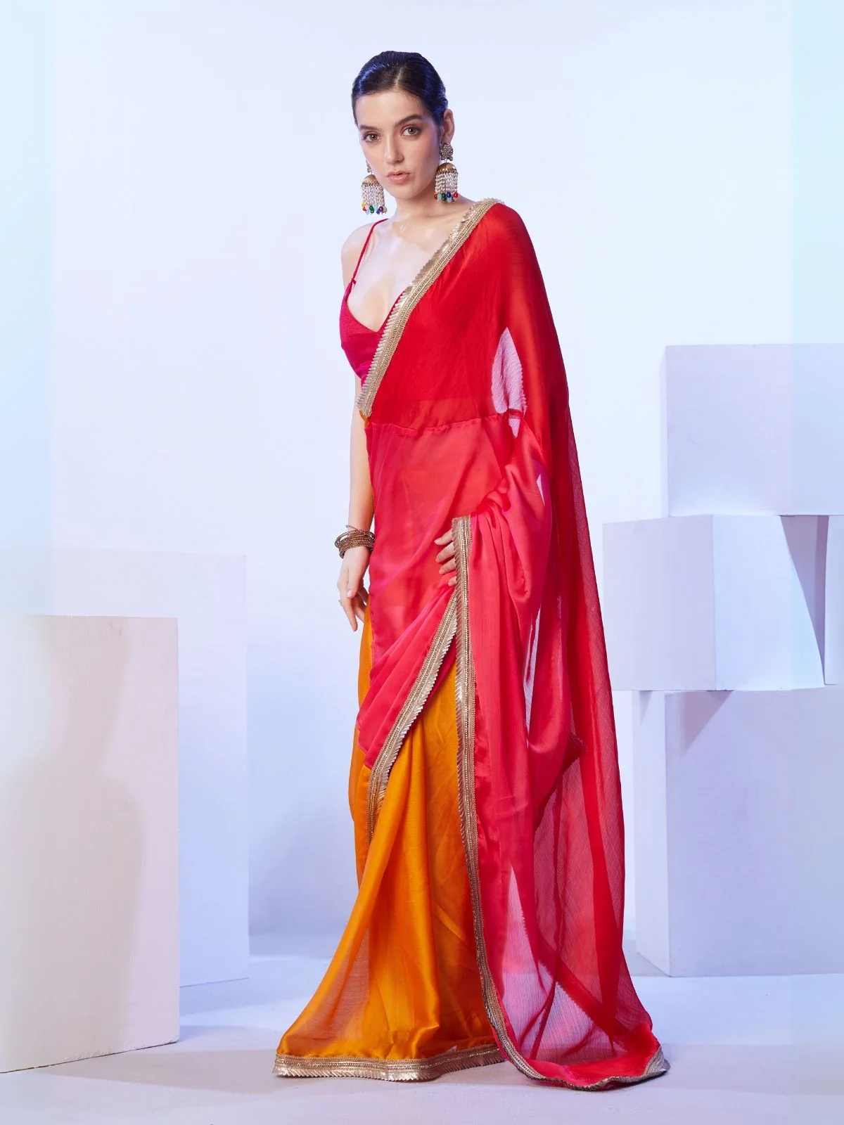Odette Mustard And Pink Satin Lace Work Saree With Unstitched Blouse For Women - Image 3