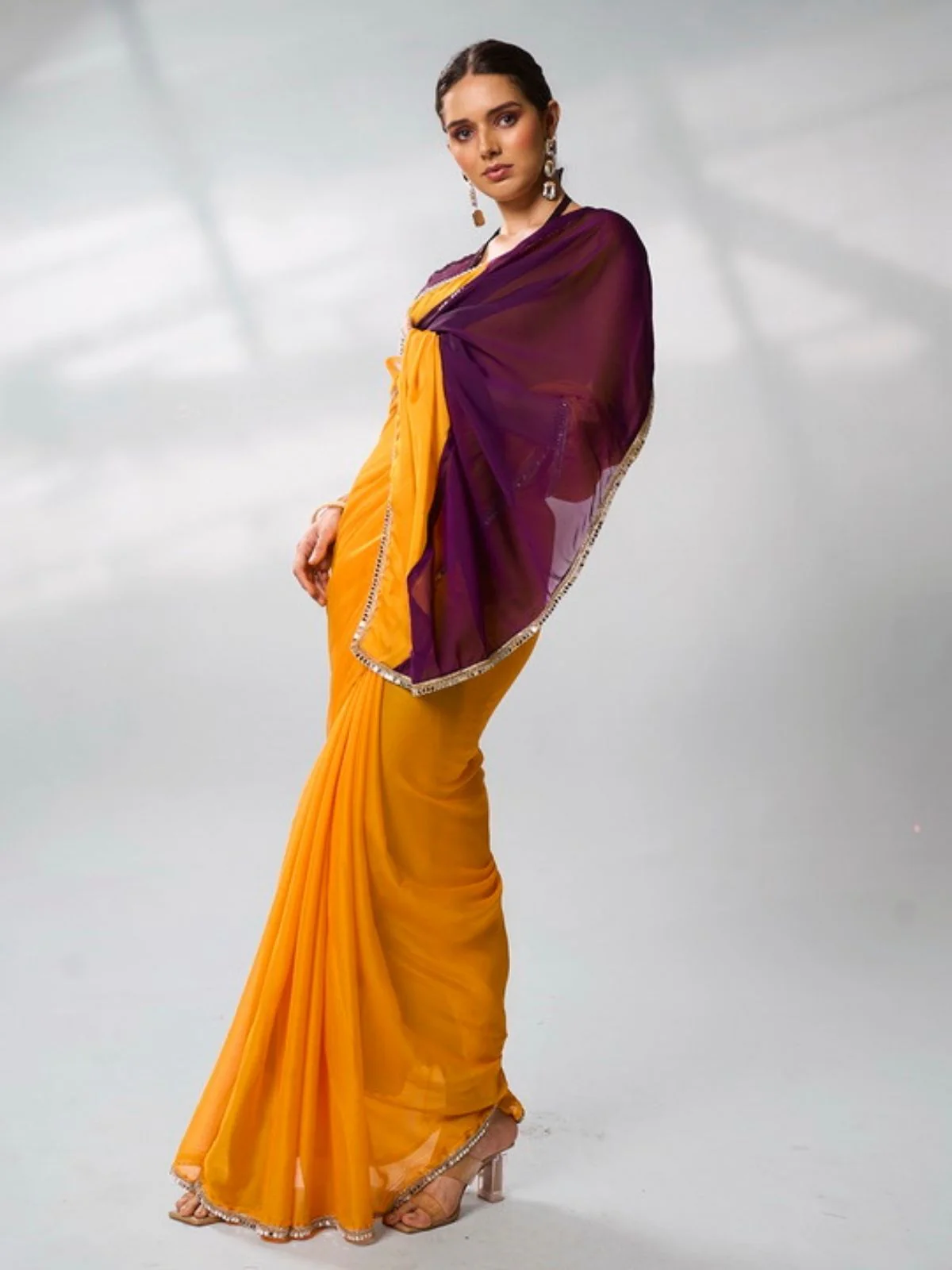 Odette Mustard And Purple Georgette Lace Work Saree With Unstitched Blouse For Women - Image 2