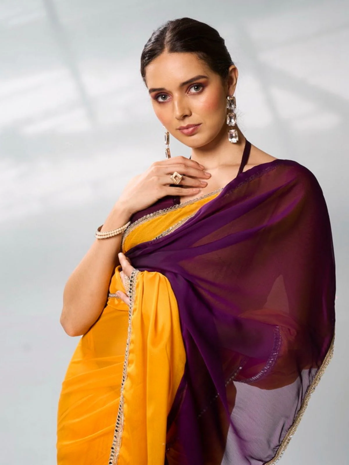 Odette Mustard And Purple Georgette Lace Work Saree With Unstitched Blouse For Women - Image 4