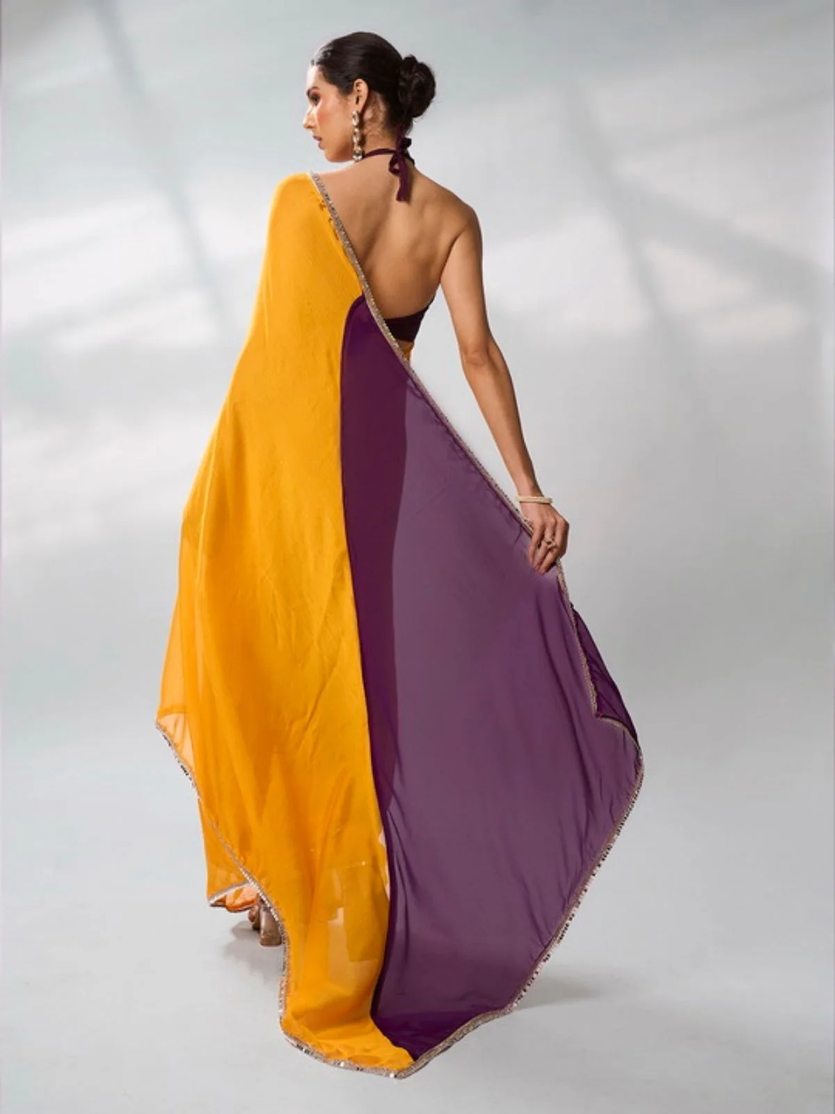 Odette Mustard And Purple Georgette Lace Work Saree With Unstitched Blouse For Women - Image 5