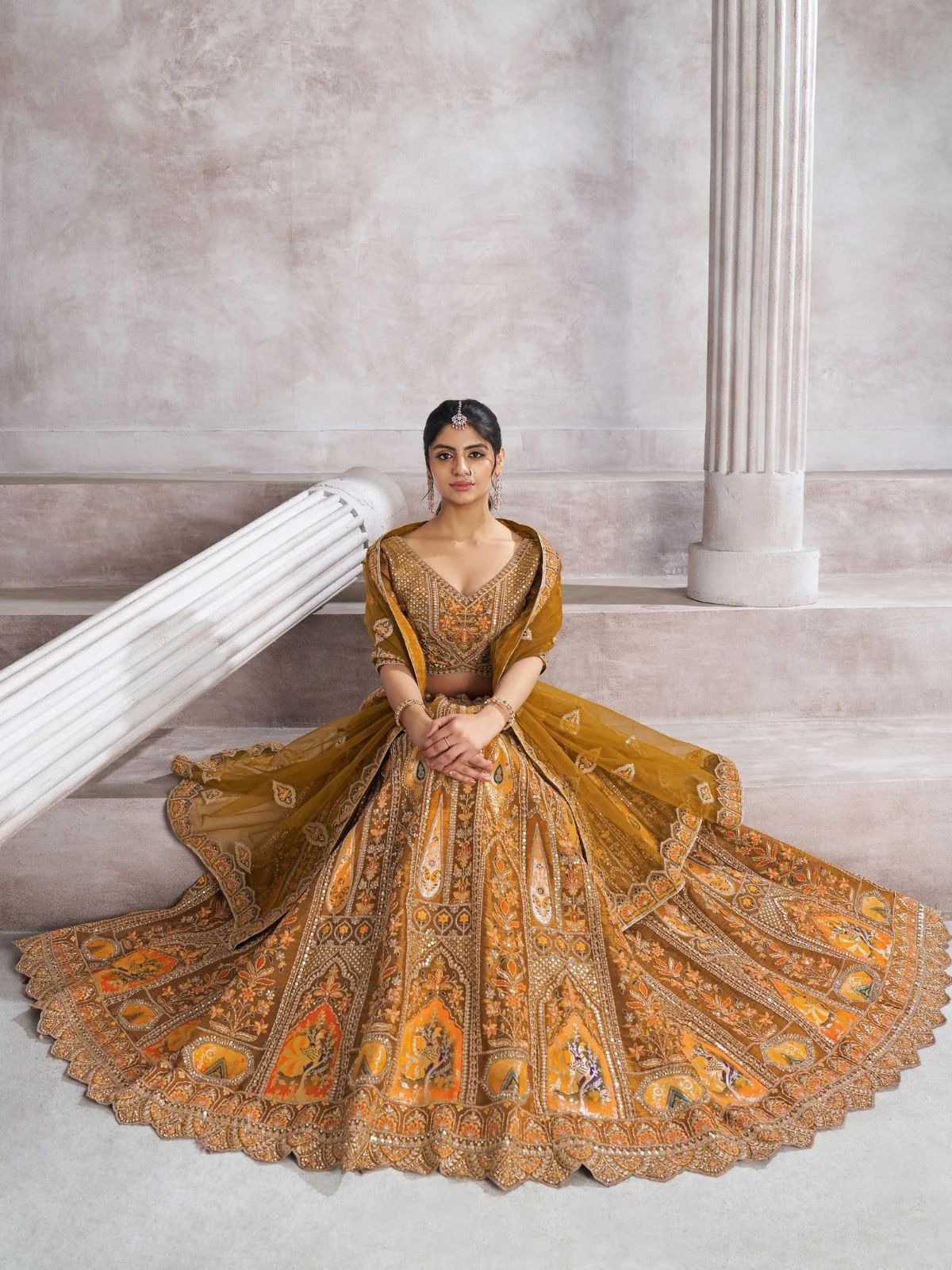 Odette Mustard Banarasi Silk Embroidered Semi-Stitched Lehenga For Women - Image 2
