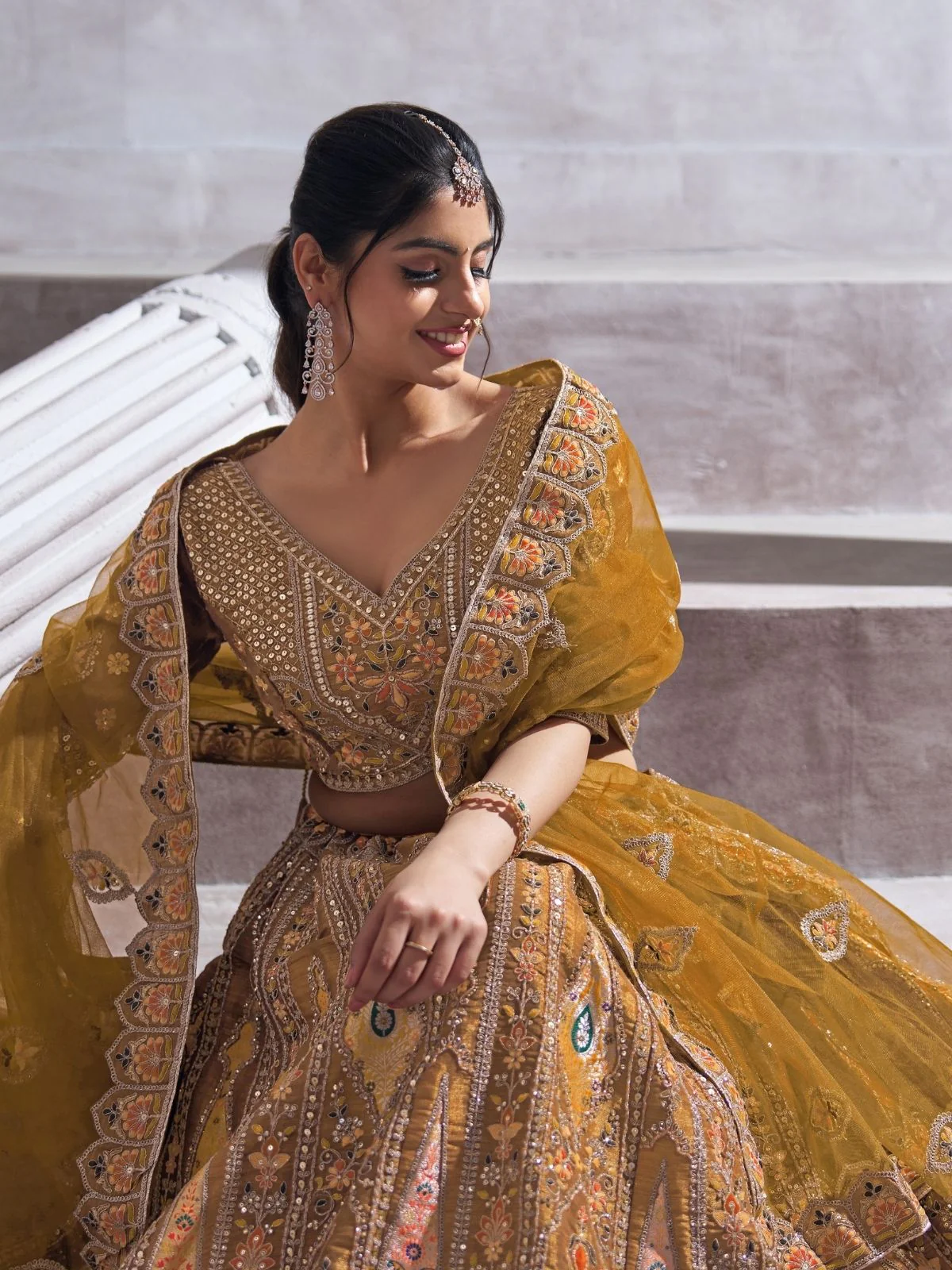 Odette Mustard Banarasi Silk Embroidered Semi-Stitched Lehenga For Women - Image 3