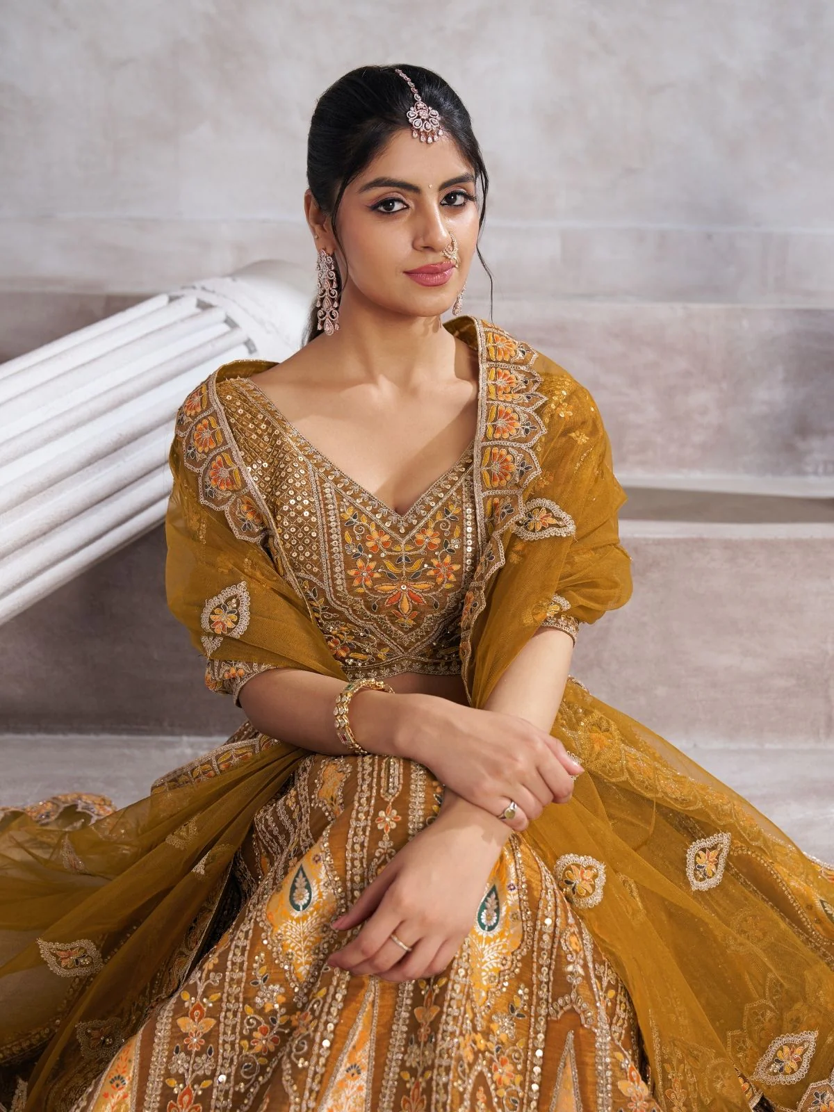 Odette Mustard Banarasi Silk Embroidered Semi-Stitched Lehenga For Women - Image 4