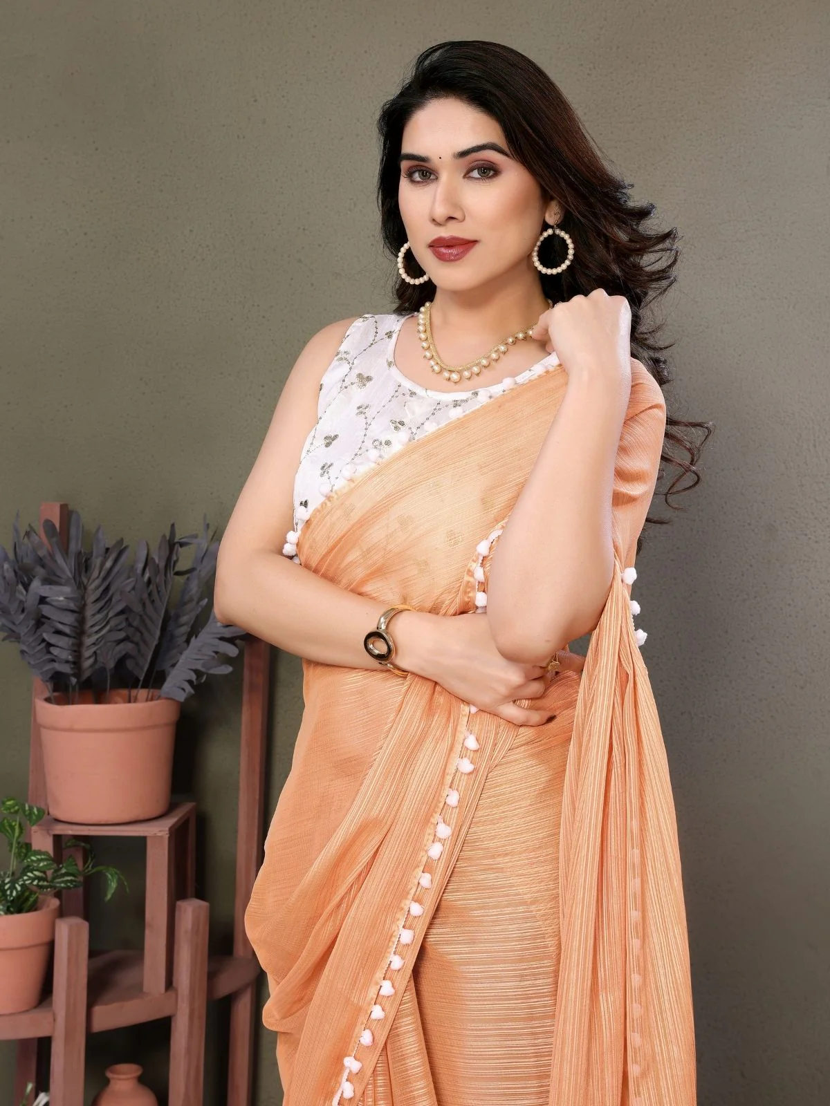 Odette Mustard Banglori Lace Work Saree With Unstitched Blouse For Women - Image 3