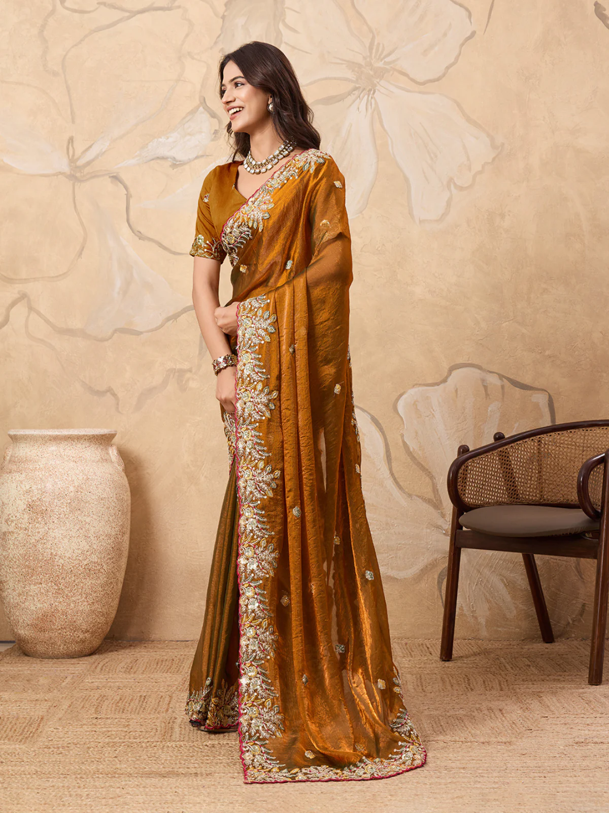 Odette Mustard Brown Chiffon Embroidered Saree For Women - Image 2