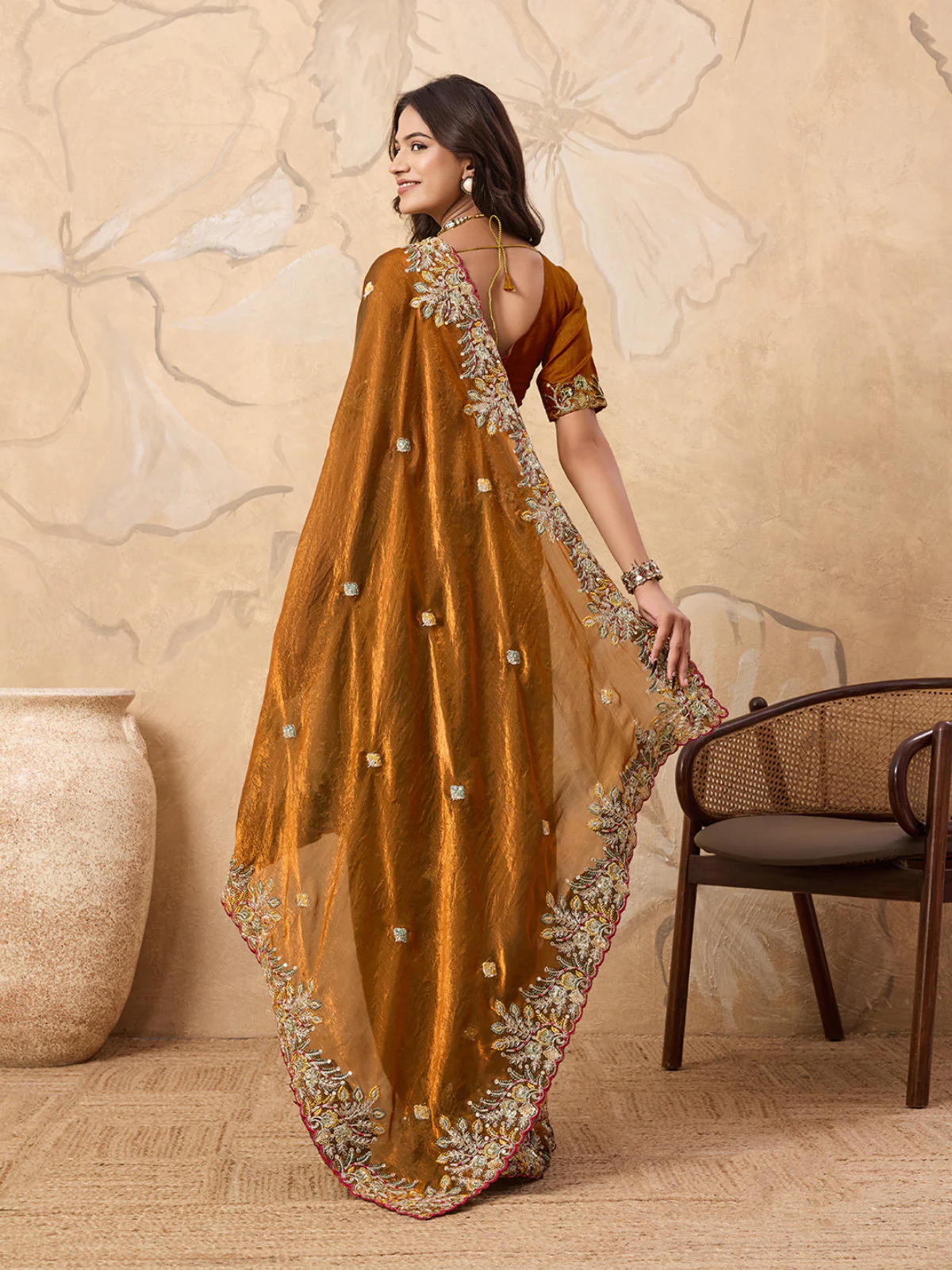 Odette Mustard Brown Chiffon Embroidered Saree For Women - Image 3