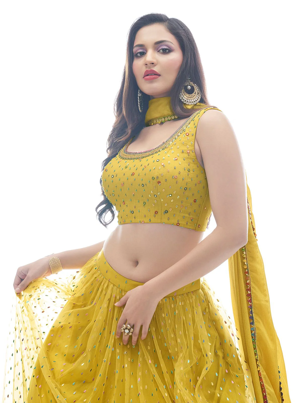 Odette Mustard Chinon Embellished Stitched Lehenga With Stitched Blouse For Women - Image 5