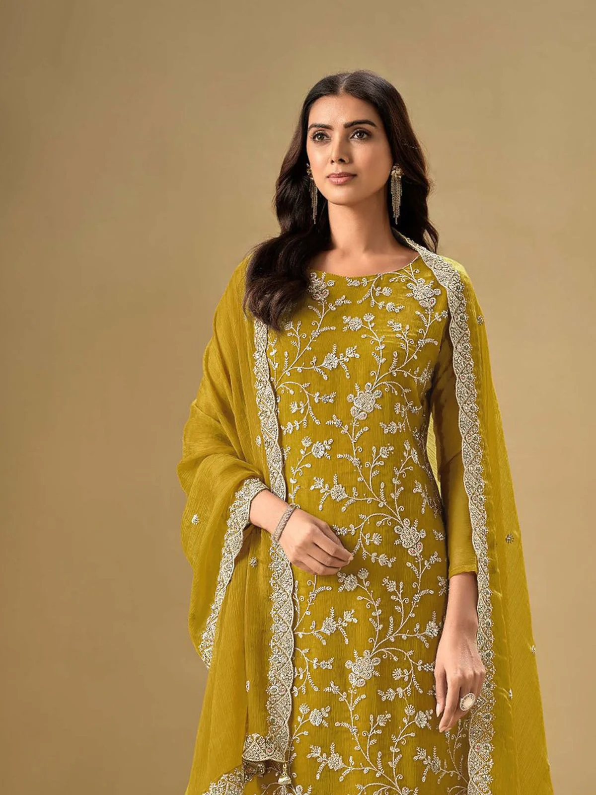Odette Mustard Chinon Embroidered Semi-Stitched Kurta Set For Women - Image 2