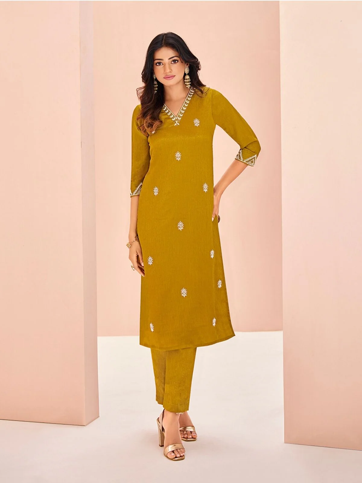 Odette Mustard Chinon Embroidered Stitched Kurta Set For Women - Image 2