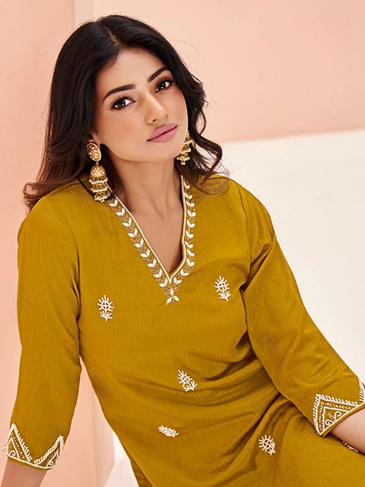 Odette Mustard Chinon Embroidered Stitched Kurta Set For Women - Image 5
