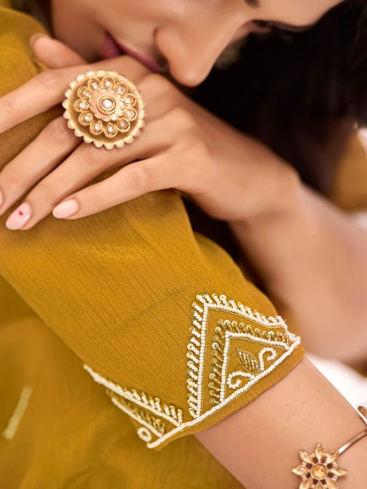 Odette Mustard Chinon Embroidered Stitched Kurta Set For Women - Image 6