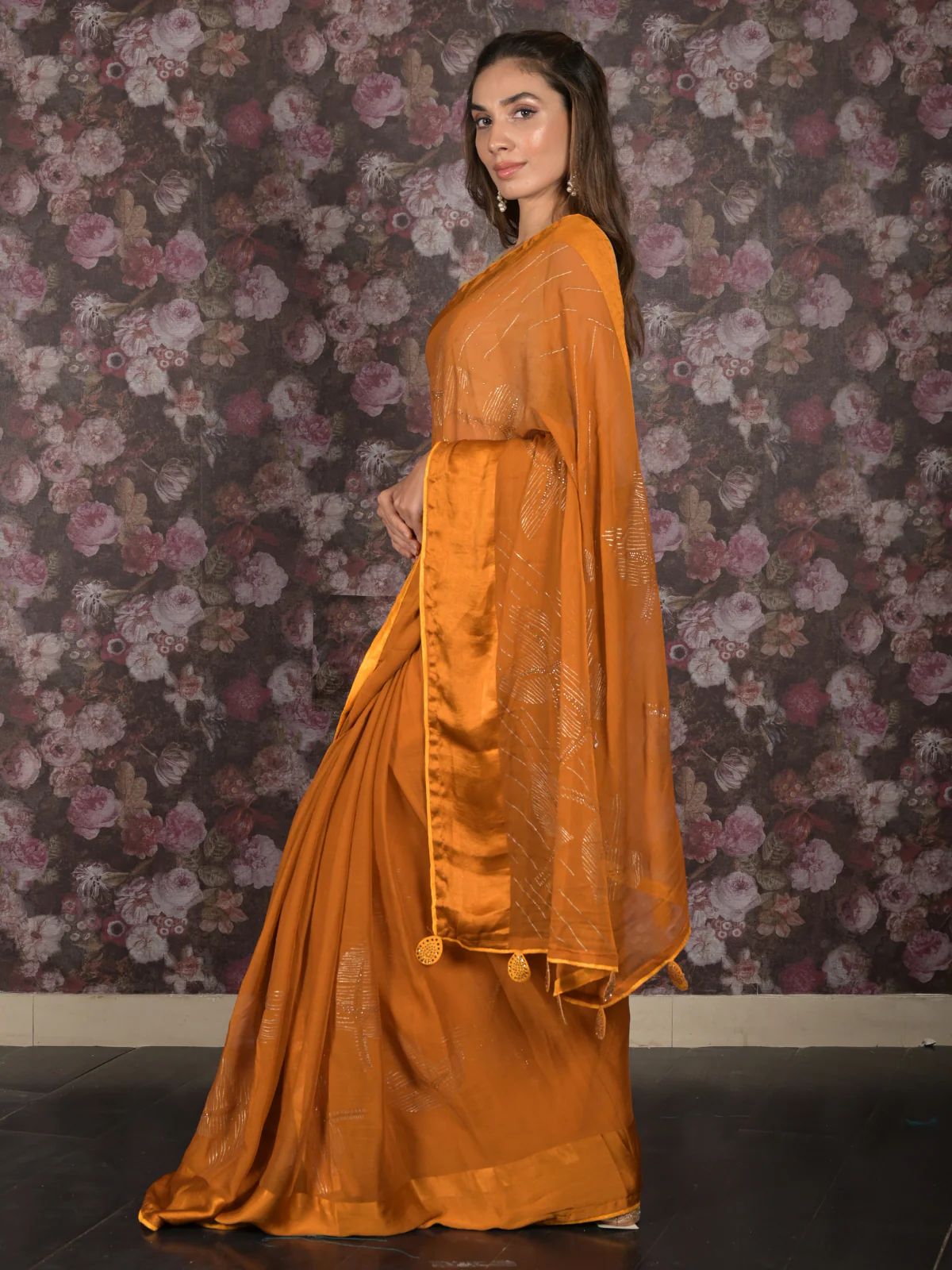 Odette Mustard Embellished Chiffon Saree with Unstitched Blouse for Women - Image 3