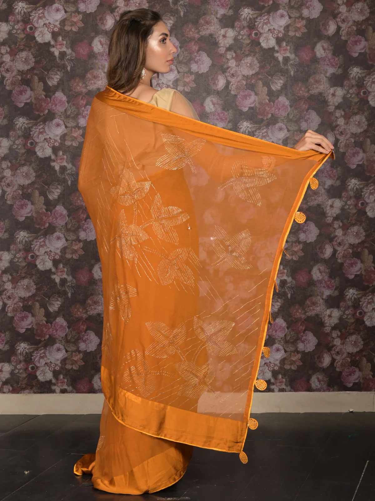 Odette Mustard Embellished Chiffon Saree with Unstitched Blouse for Women - Image 4