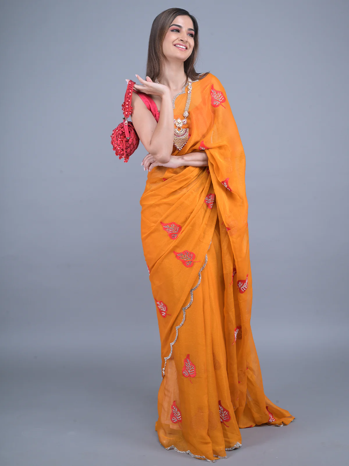 Odette Mustard Embroidered Chiffon Silk Saree with Unstitched Blouse for Women - Image 2