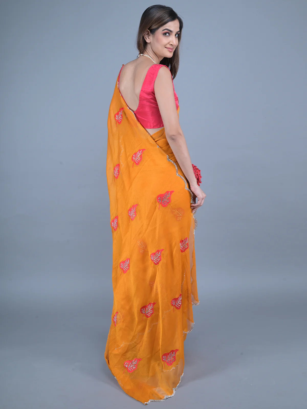 Odette Mustard Embroidered Chiffon Silk Saree with Unstitched Blouse for Women - Image 3