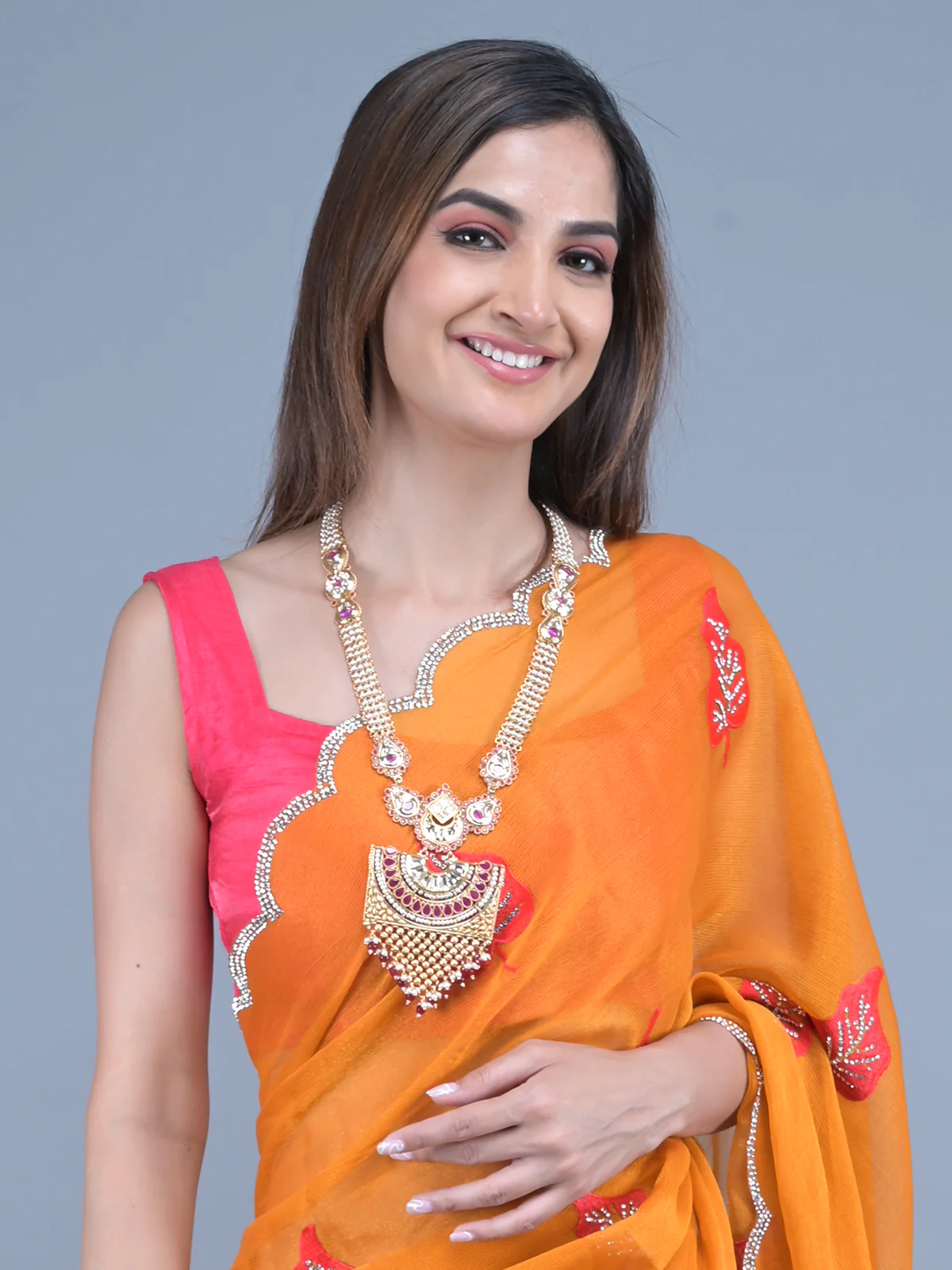Odette Mustard Embroidered Chiffon Silk Saree with Unstitched Blouse for Women - Image 4