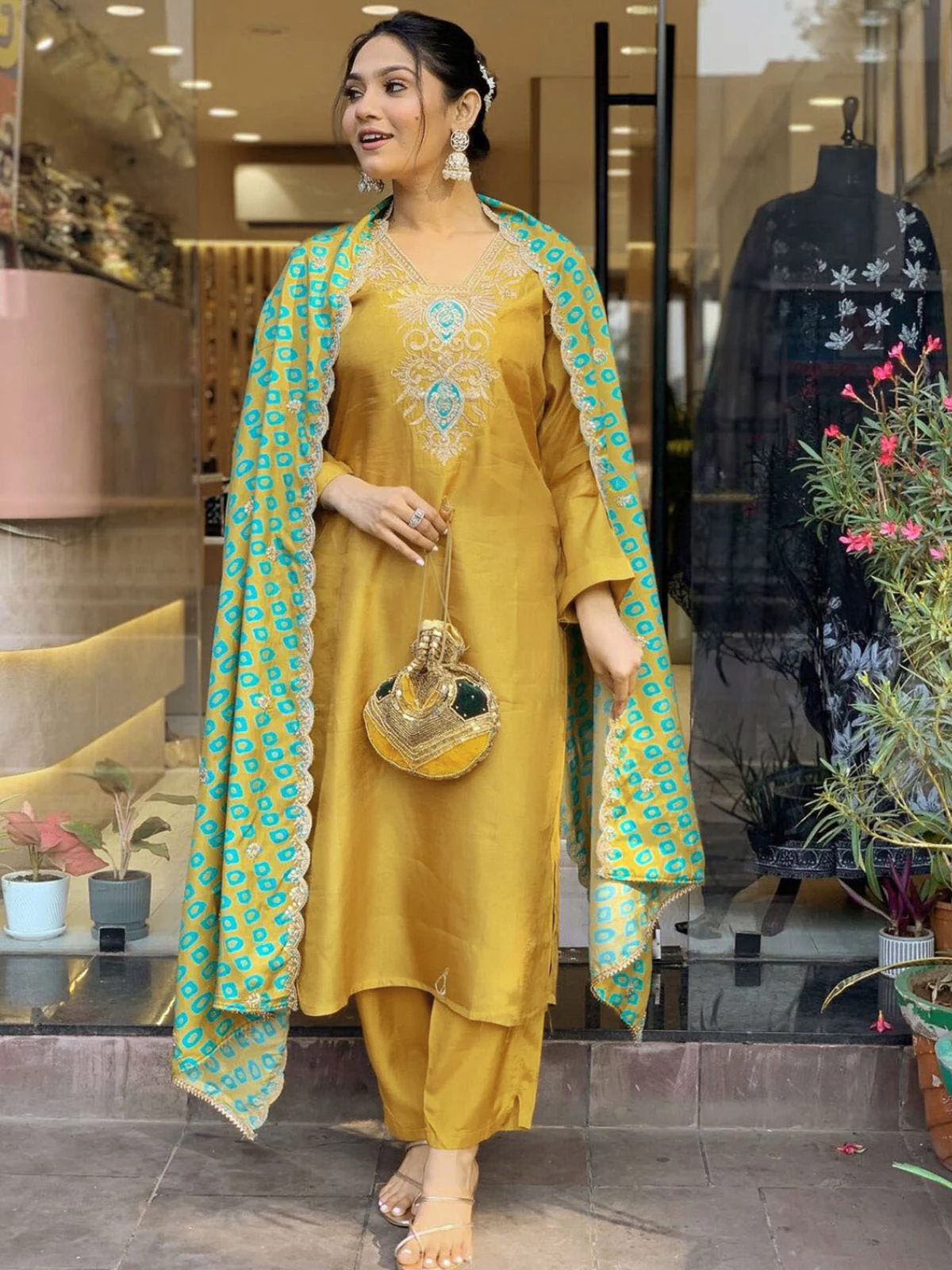 Odette Mustard Embroidered Cotton Blend Stitched Kurta Salwar Set For Women