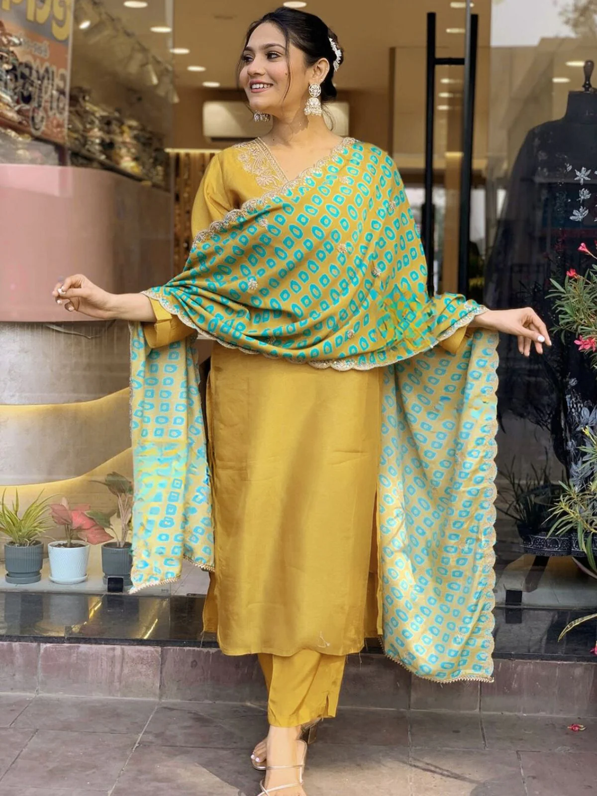 Odette Mustard Embroidered Cotton Blend Stitched Kurta Salwar Set For Women - Image 2