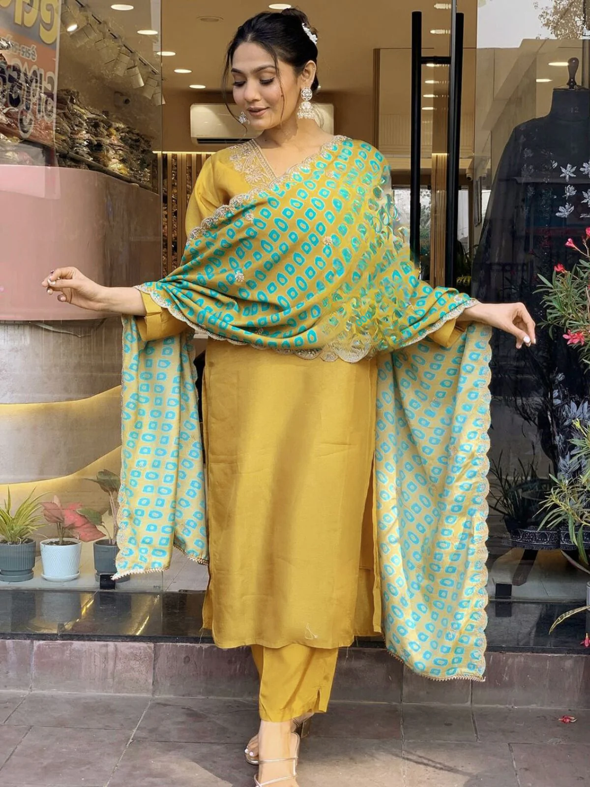 Odette Mustard Embroidered Cotton Blend Stitched Kurta Salwar Set For Women - Image 3