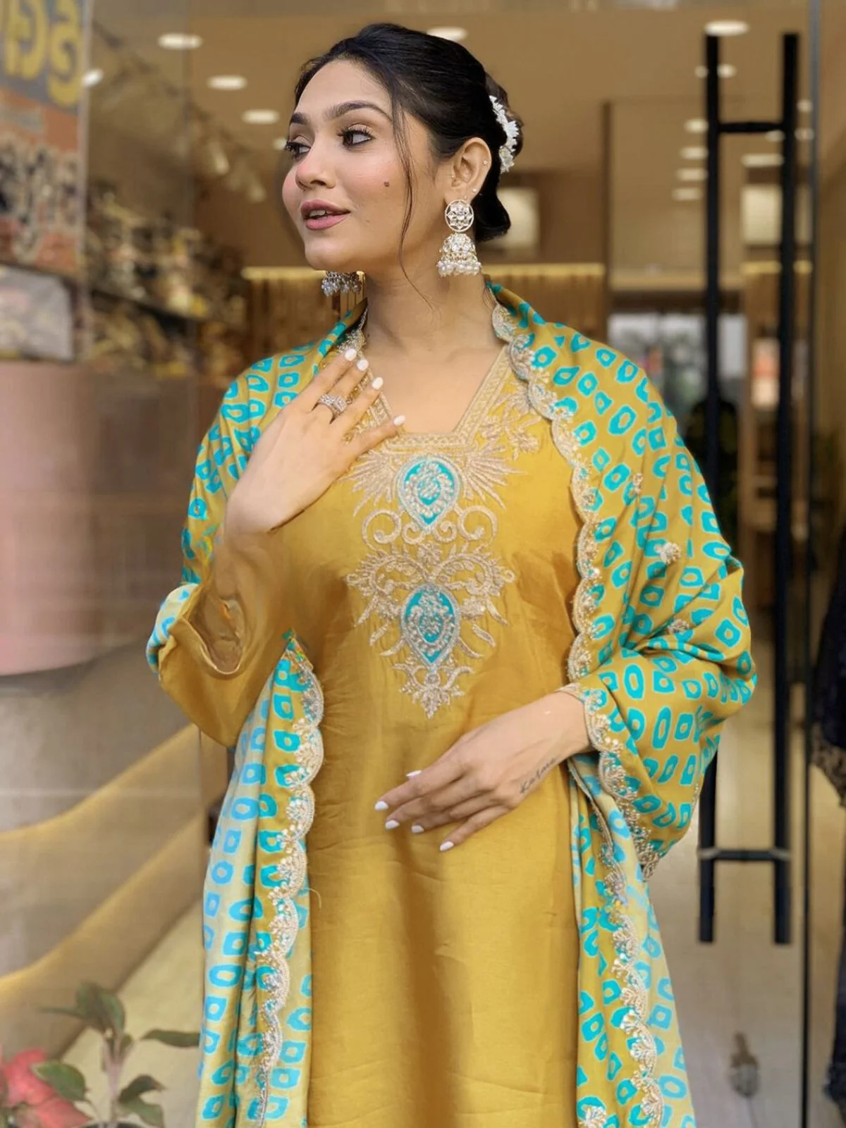 Odette Mustard Embroidered Cotton Blend Stitched Kurta Salwar Set For Women - Image 4