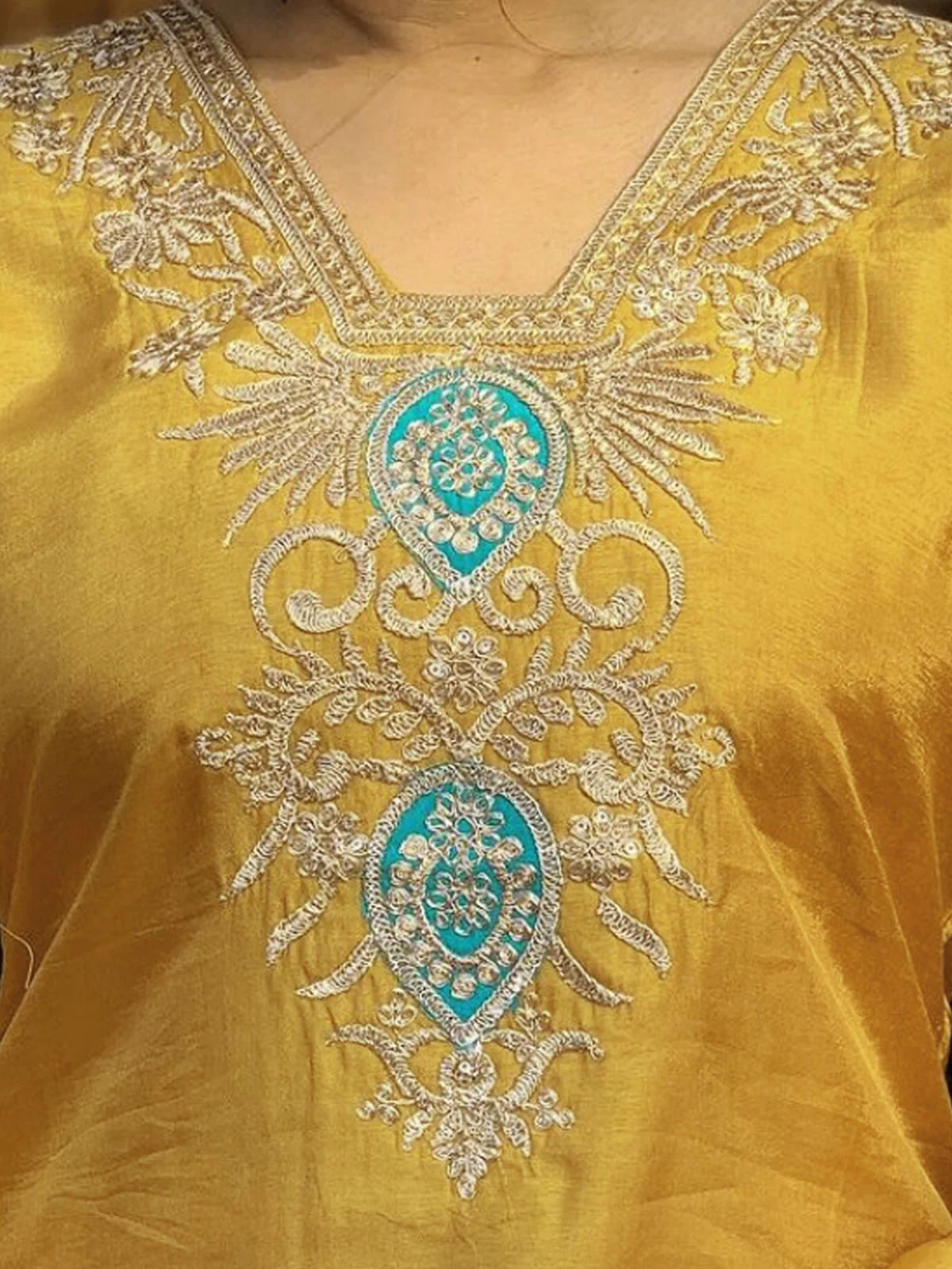 Odette Mustard Embroidered Cotton Blend Stitched Kurta Salwar Set For Women - Image 5