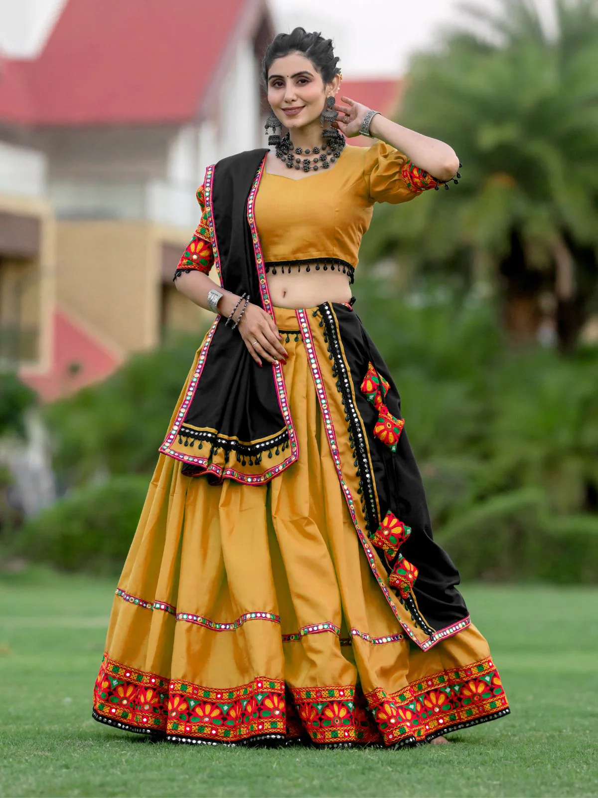 Odette Mustard Embroidered Cotton Semi Stitched Lehenga With Unstitched Blouse For Women - Image 2