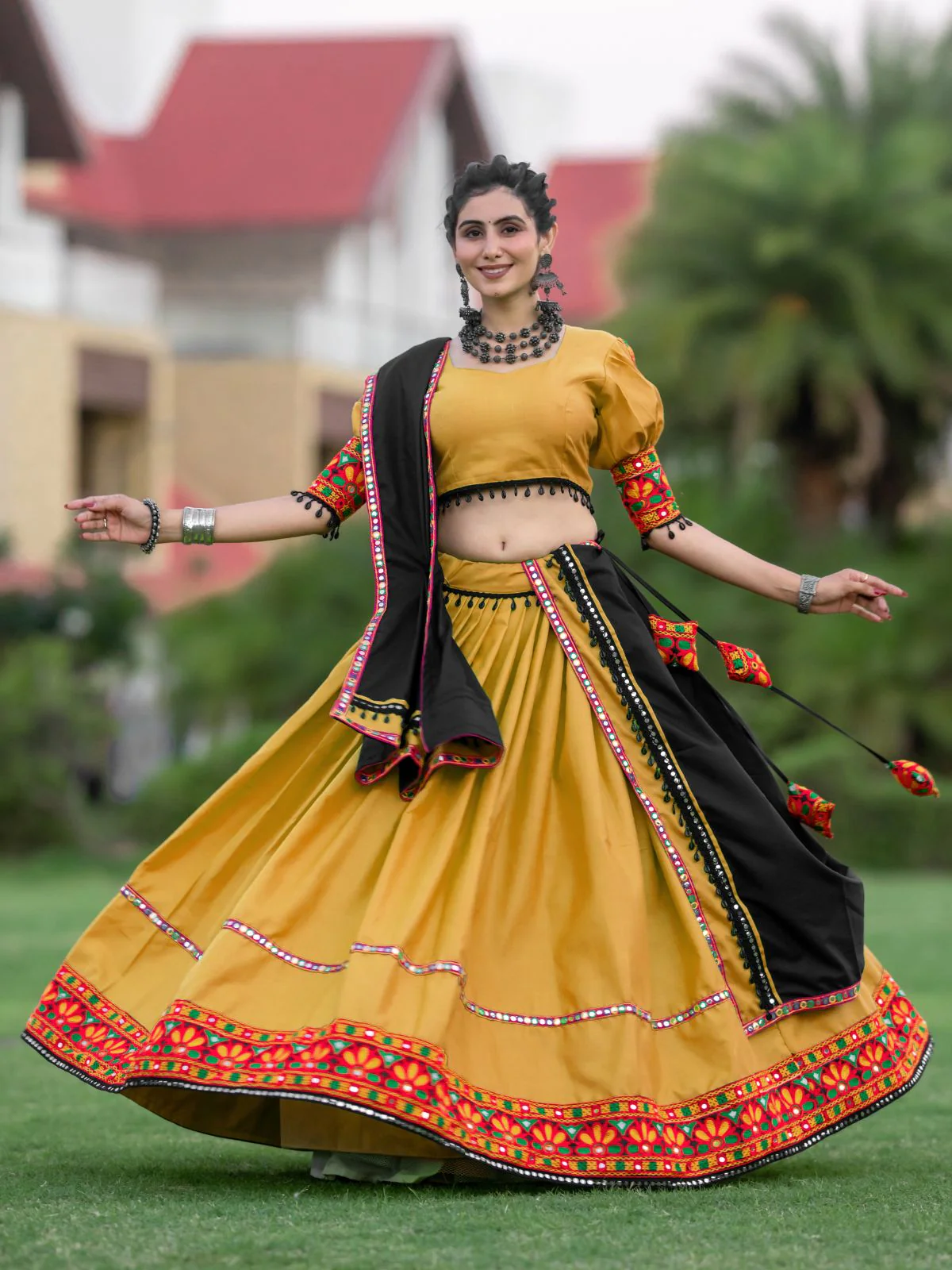 Odette Mustard Embroidered Cotton Semi Stitched Lehenga With Unstitched Blouse For Women - Image 4