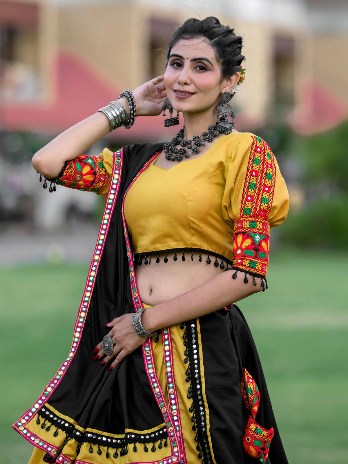 Odette Mustard Embroidered Cotton Semi Stitched Lehenga With Unstitched Blouse For Women - Image 6