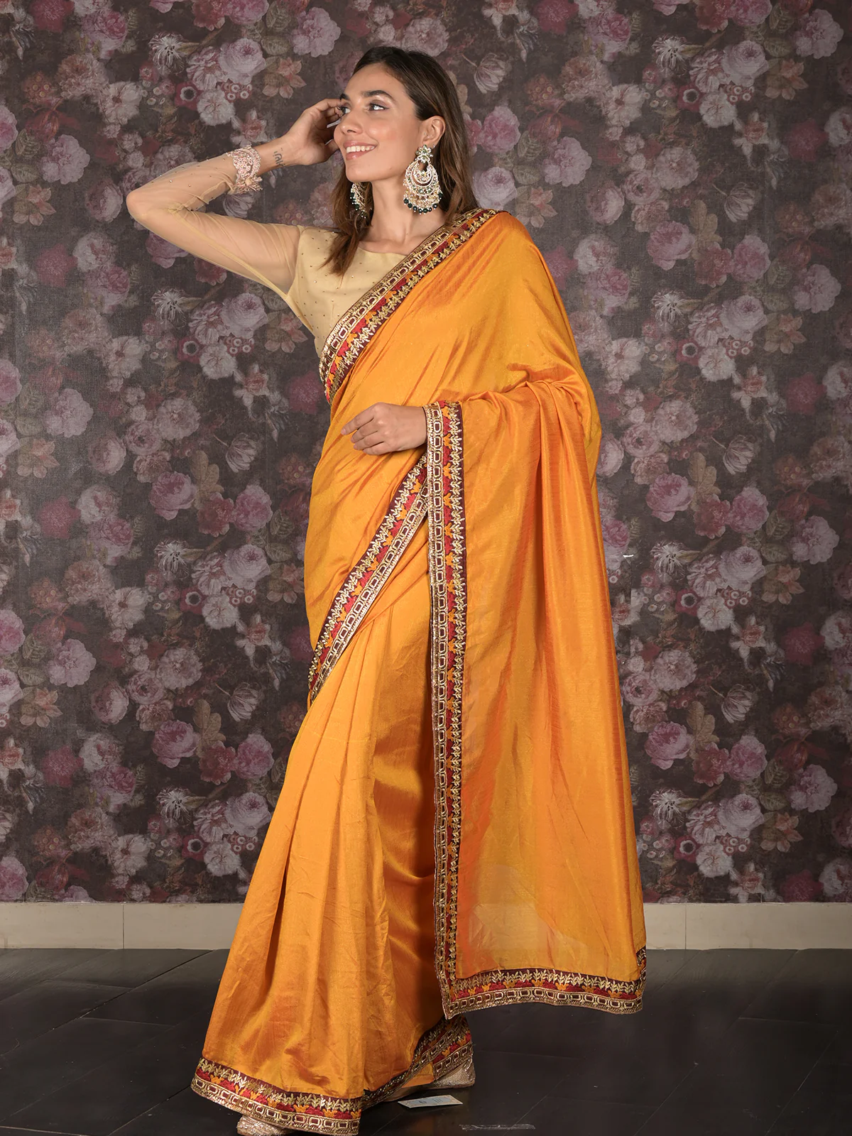 Odette Mustard Embroidered Crepe Saree without Blouse for Women