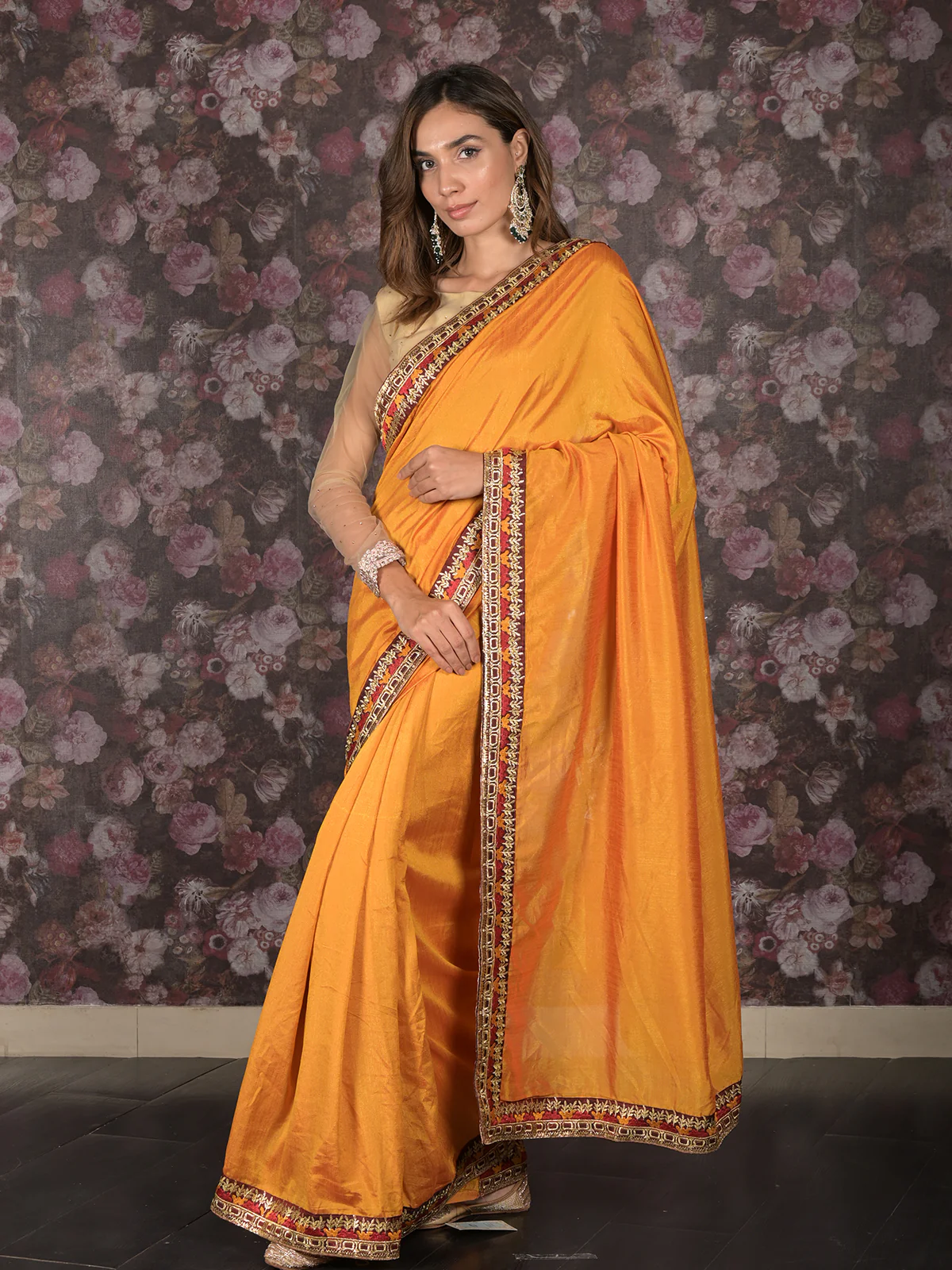 Odette Mustard Embroidered Crepe Saree without Blouse for Women - Image 2