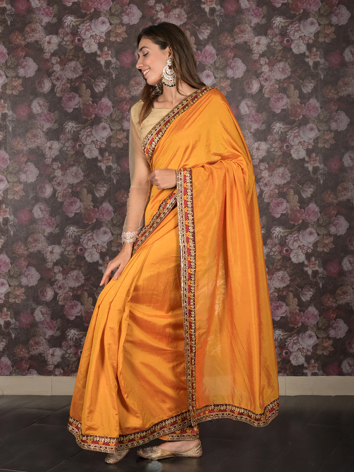 Odette Mustard Embroidered Crepe Saree without Blouse for Women - Image 5