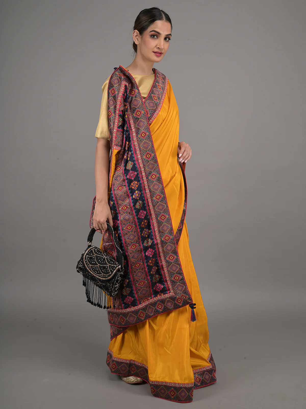 Odette Mustard Embroidered Crepe Silk Saree with Unstitched Blouse for Women - Image 2