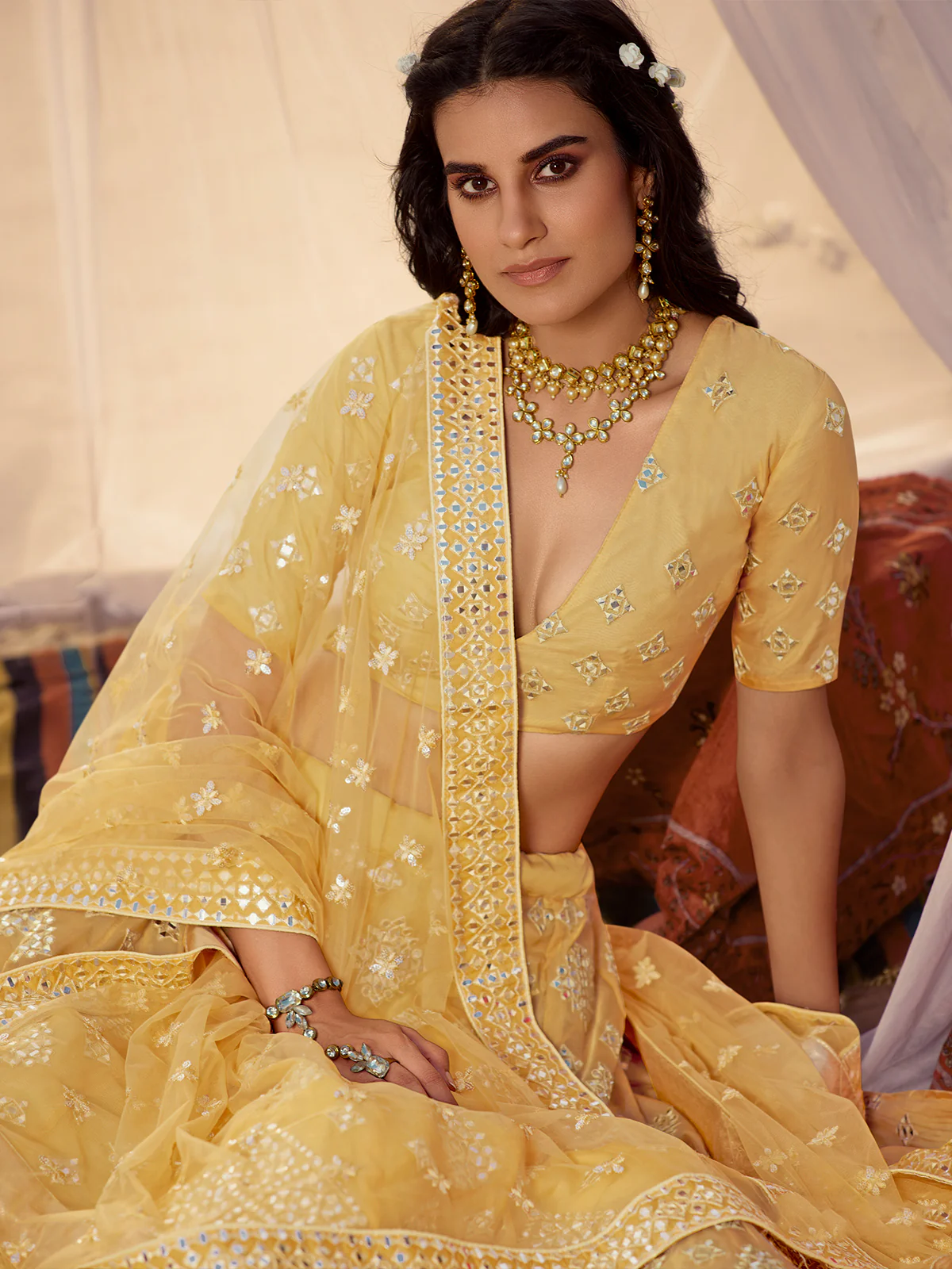 Odette Mustard Embroidered Organza Semi Stitched Lehenga With Blouse For Women - Image 2