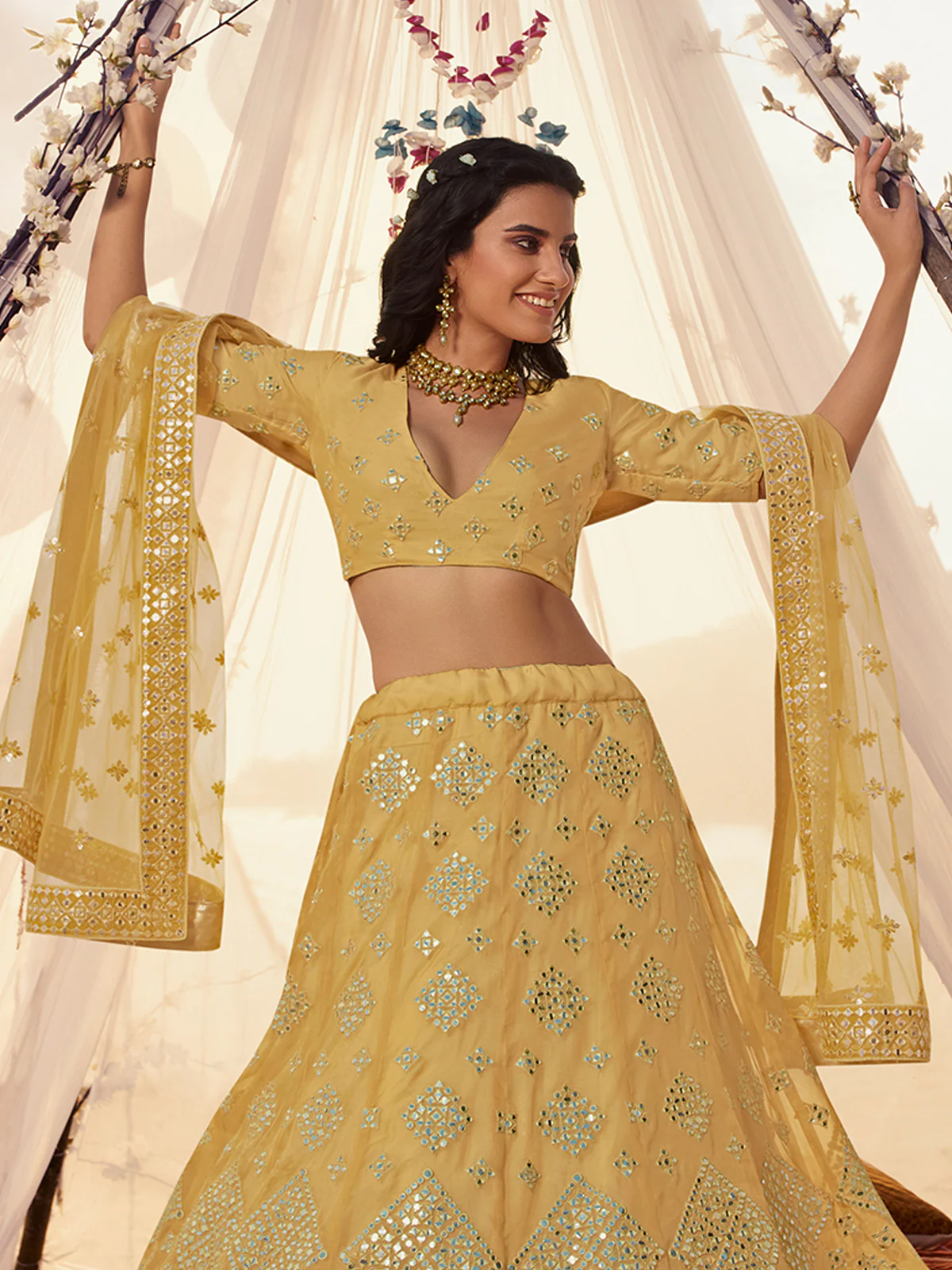 Odette Mustard Embroidered Organza Semi Stitched Lehenga With Blouse For Women - Image 3