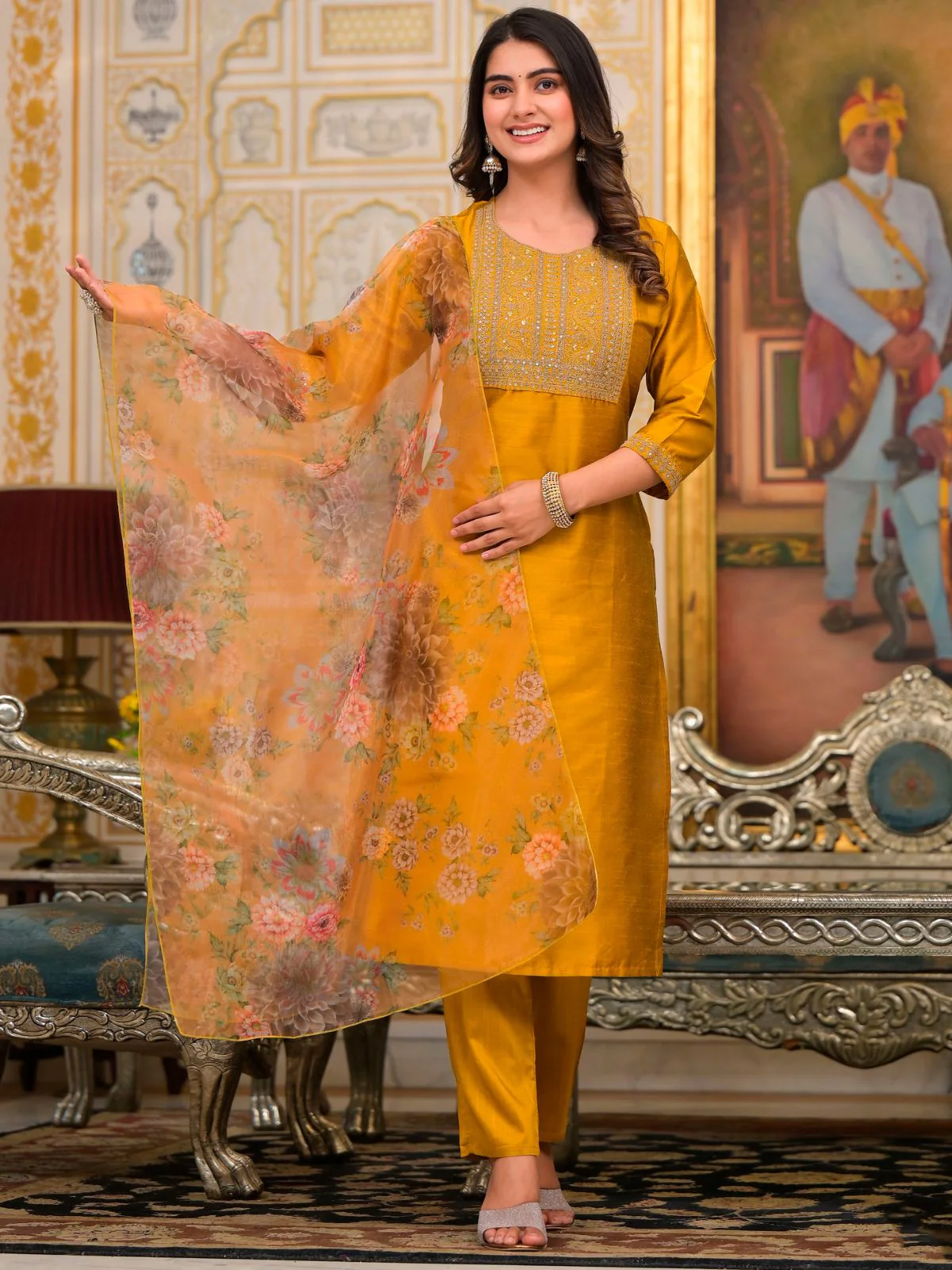 Odette Mustard Embroidered Poly Silk Stitched Kurta Set For Women