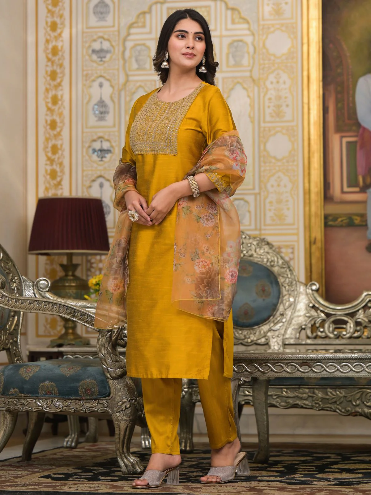 Odette Mustard Embroidered Poly Silk Stitched Kurta Set For Women - Image 2