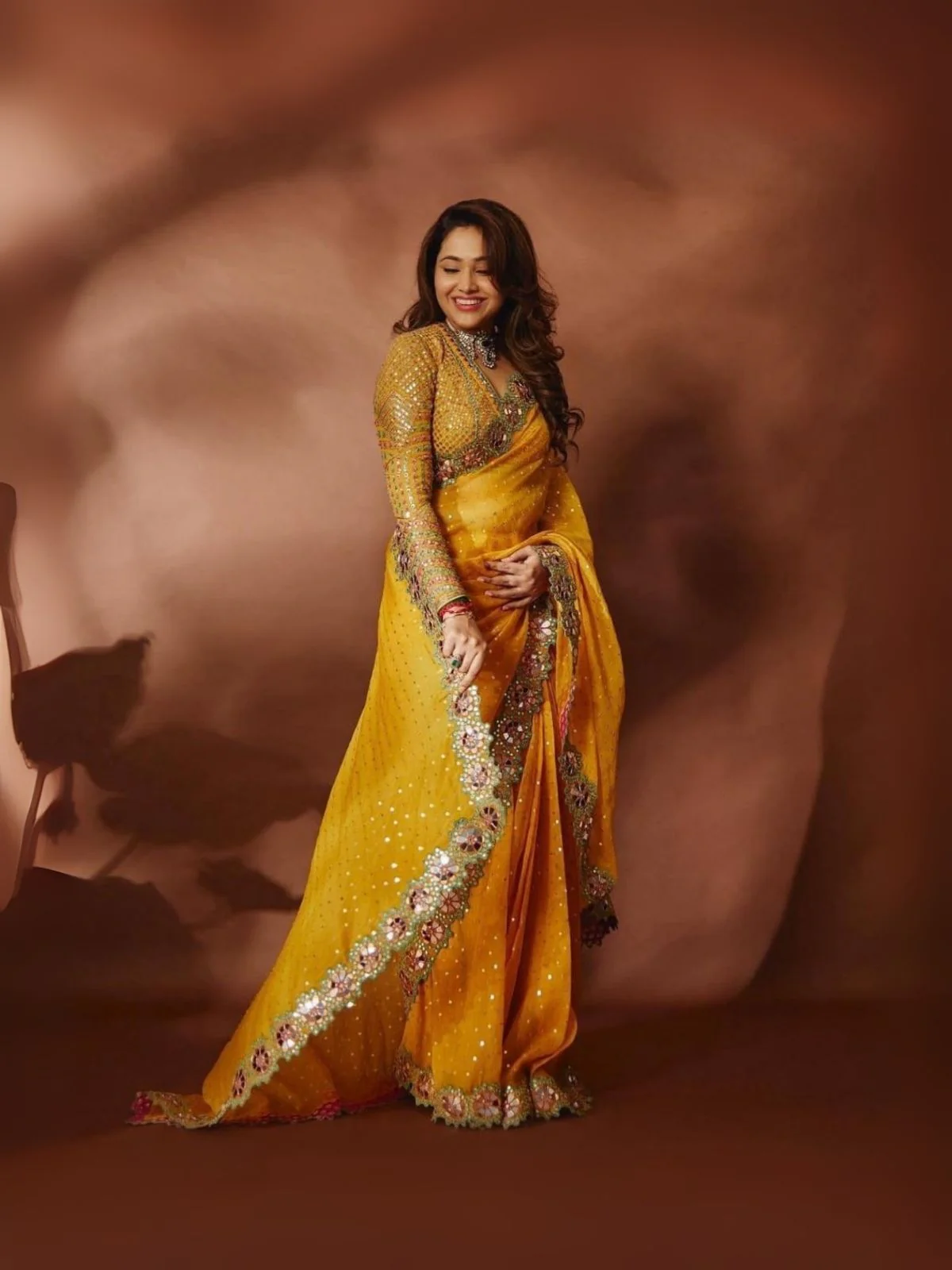 Odette Mustard Georgette Embellished Elegant Saree For Women - Image 2