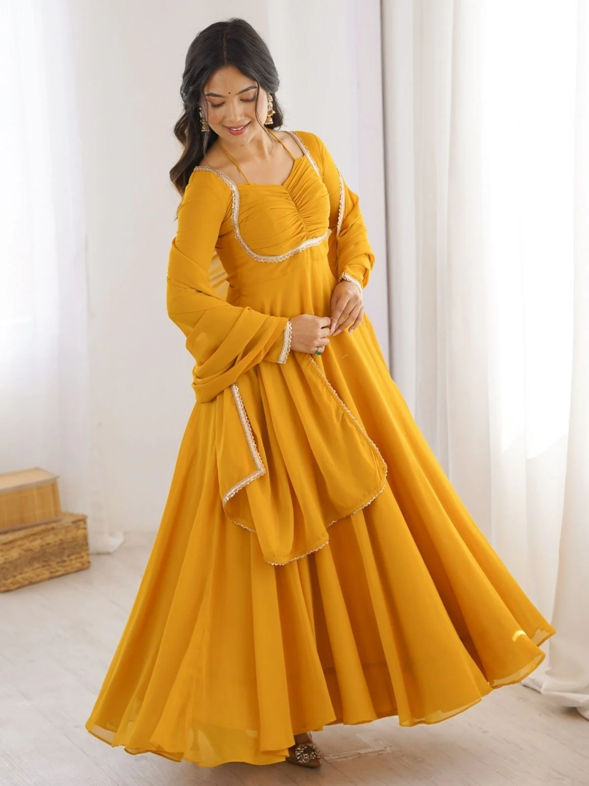 Odette Mustard Georgette Embellished Kurta Set For Women - Image 2