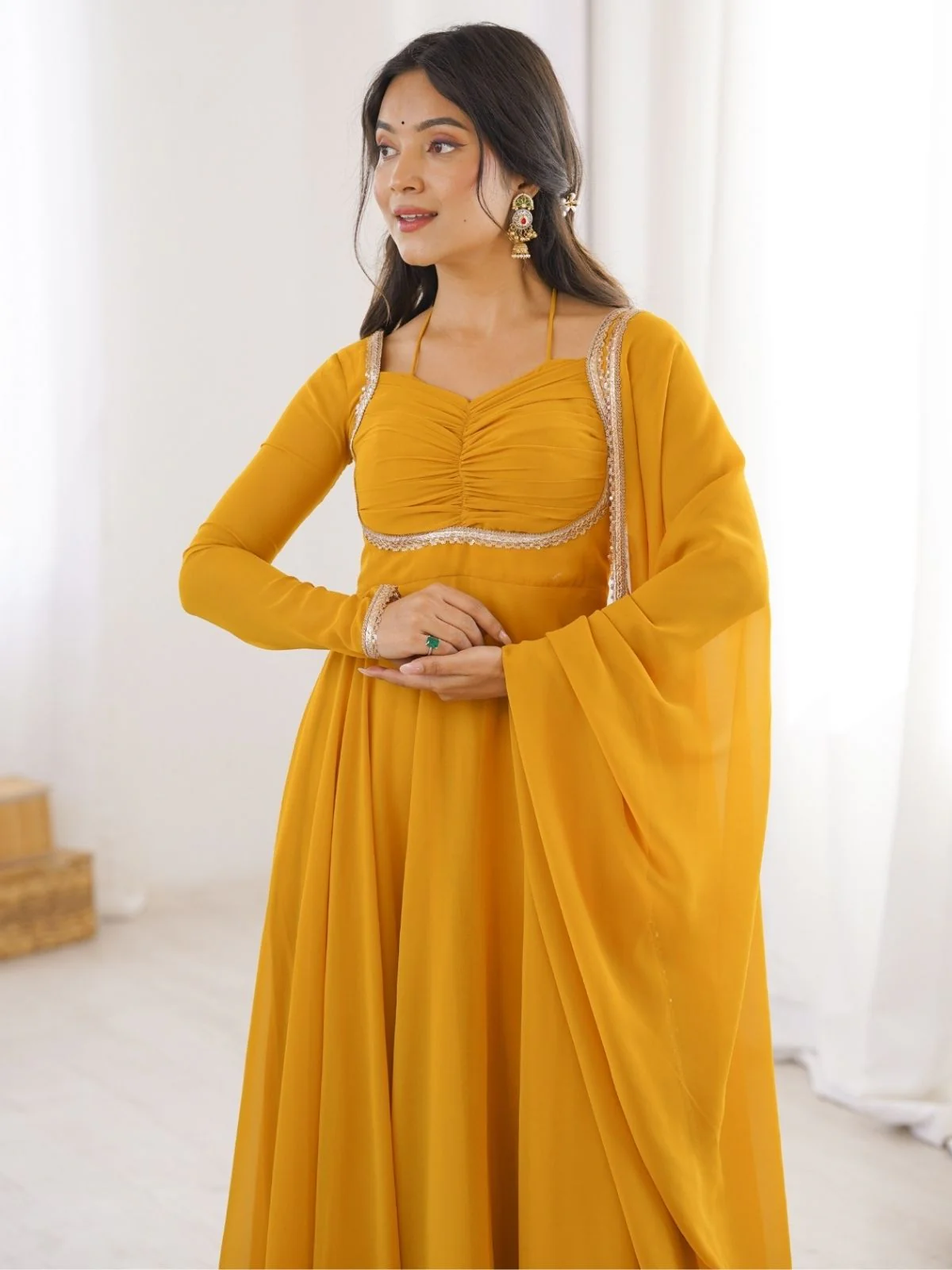 Odette Mustard Georgette Embellished Kurta Set For Women - Image 4
