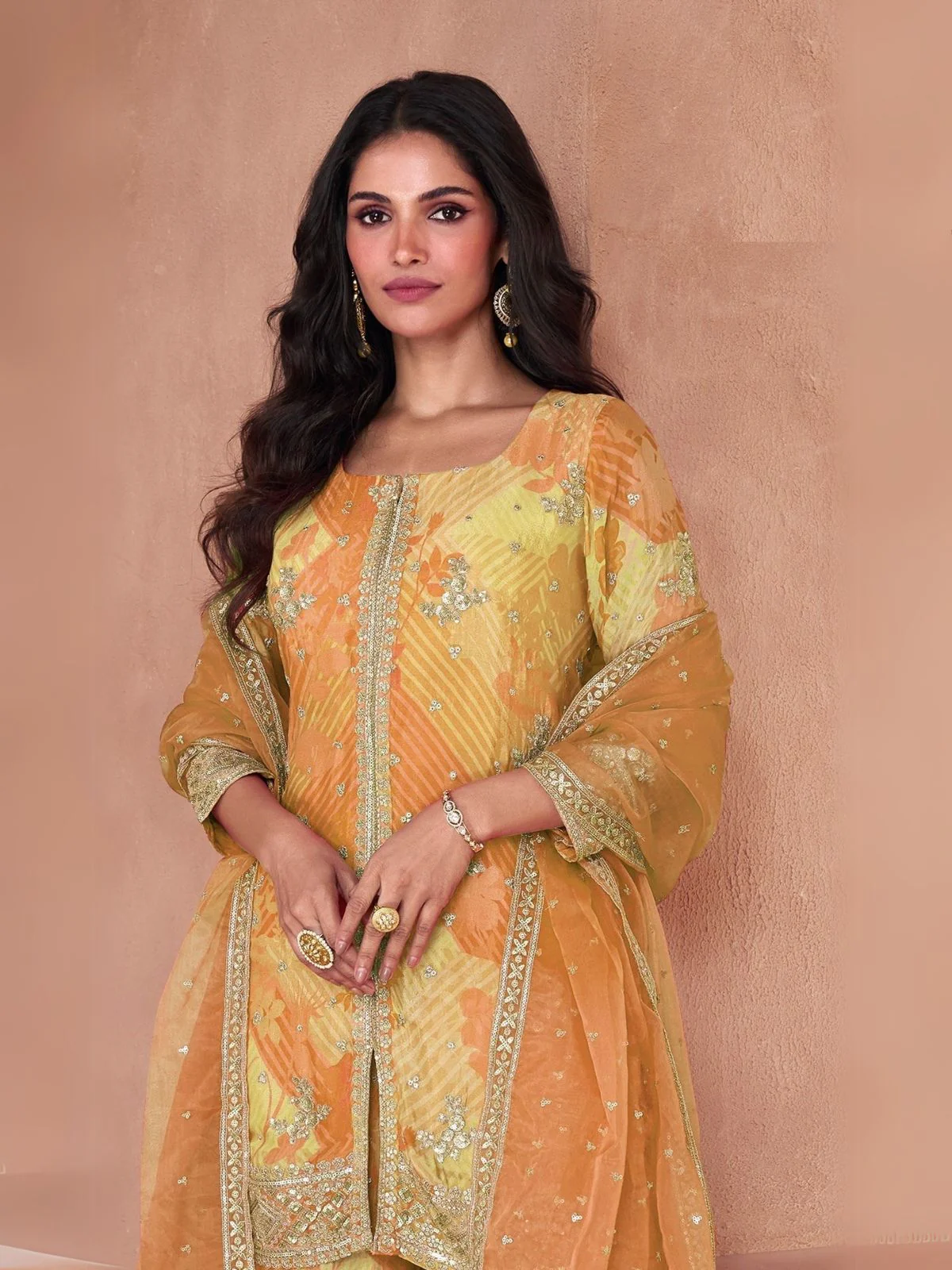 Odette Mustard Georgette Embellished Stitched Kurta Set For Women - Image 2